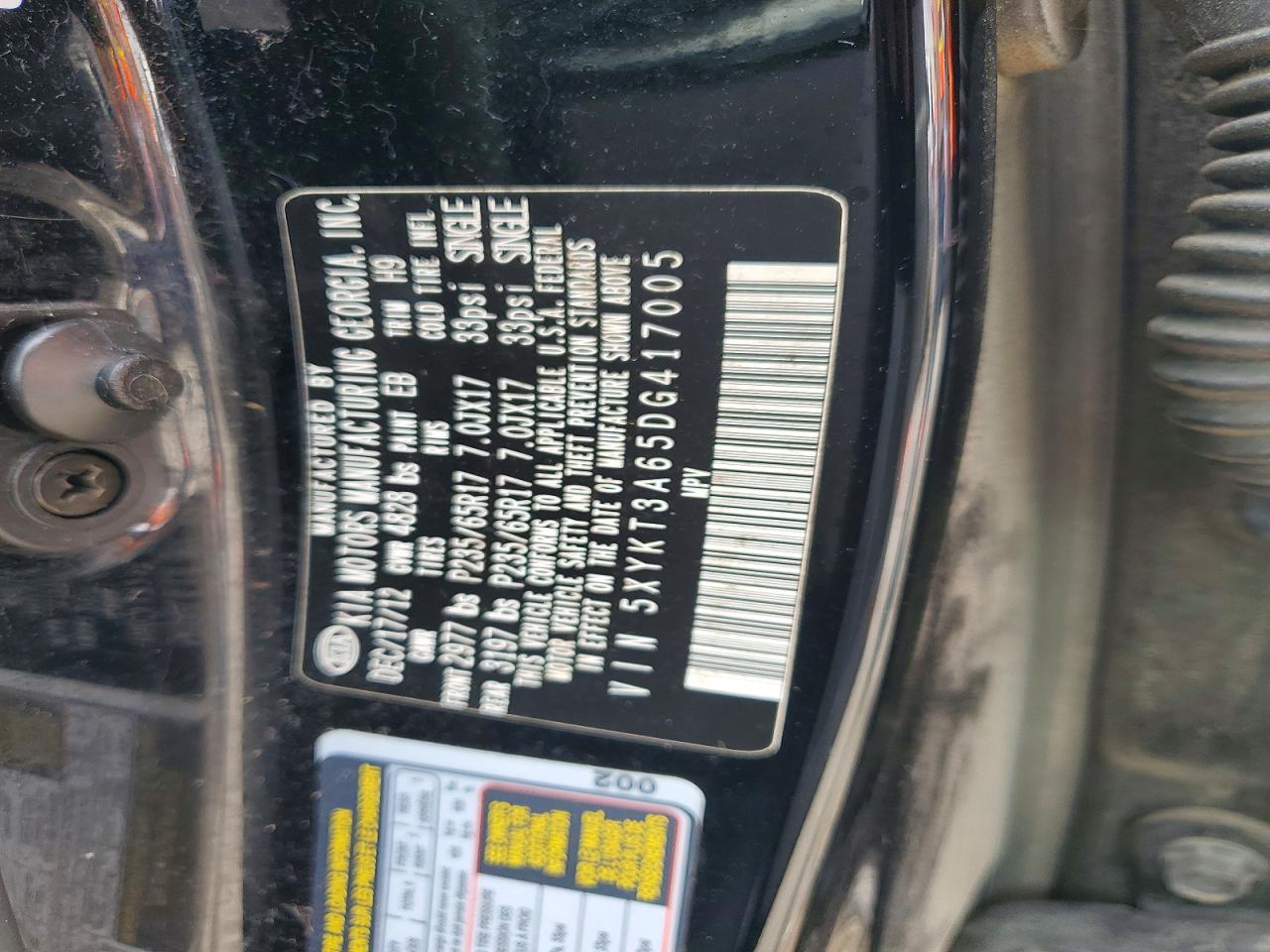 2013 Kia Sorento Lx Black vin: 5XYKT3A65DG417005