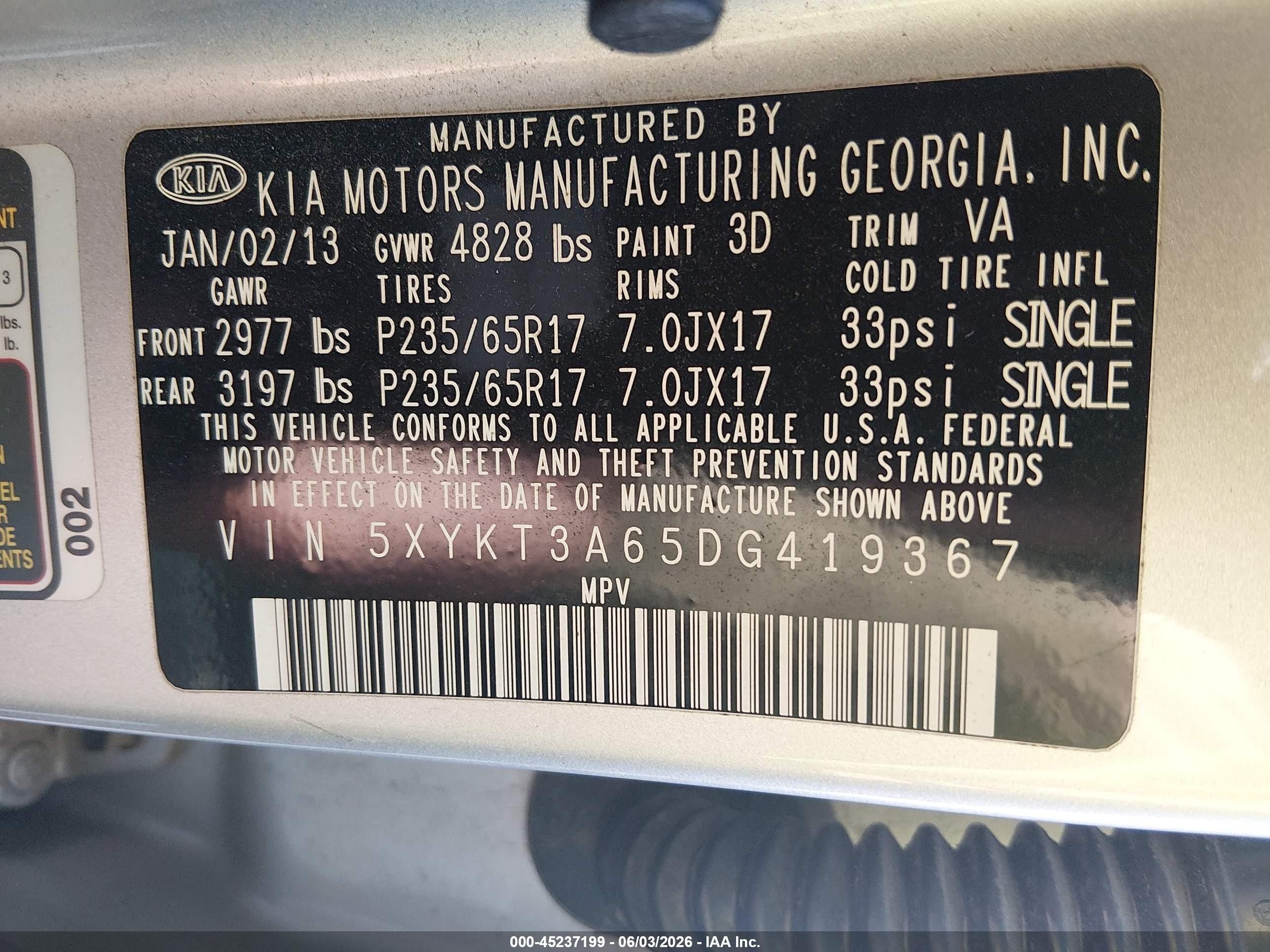 2013 Kia Sorento Lx Gray vin: 5XYKT3A65DG419367