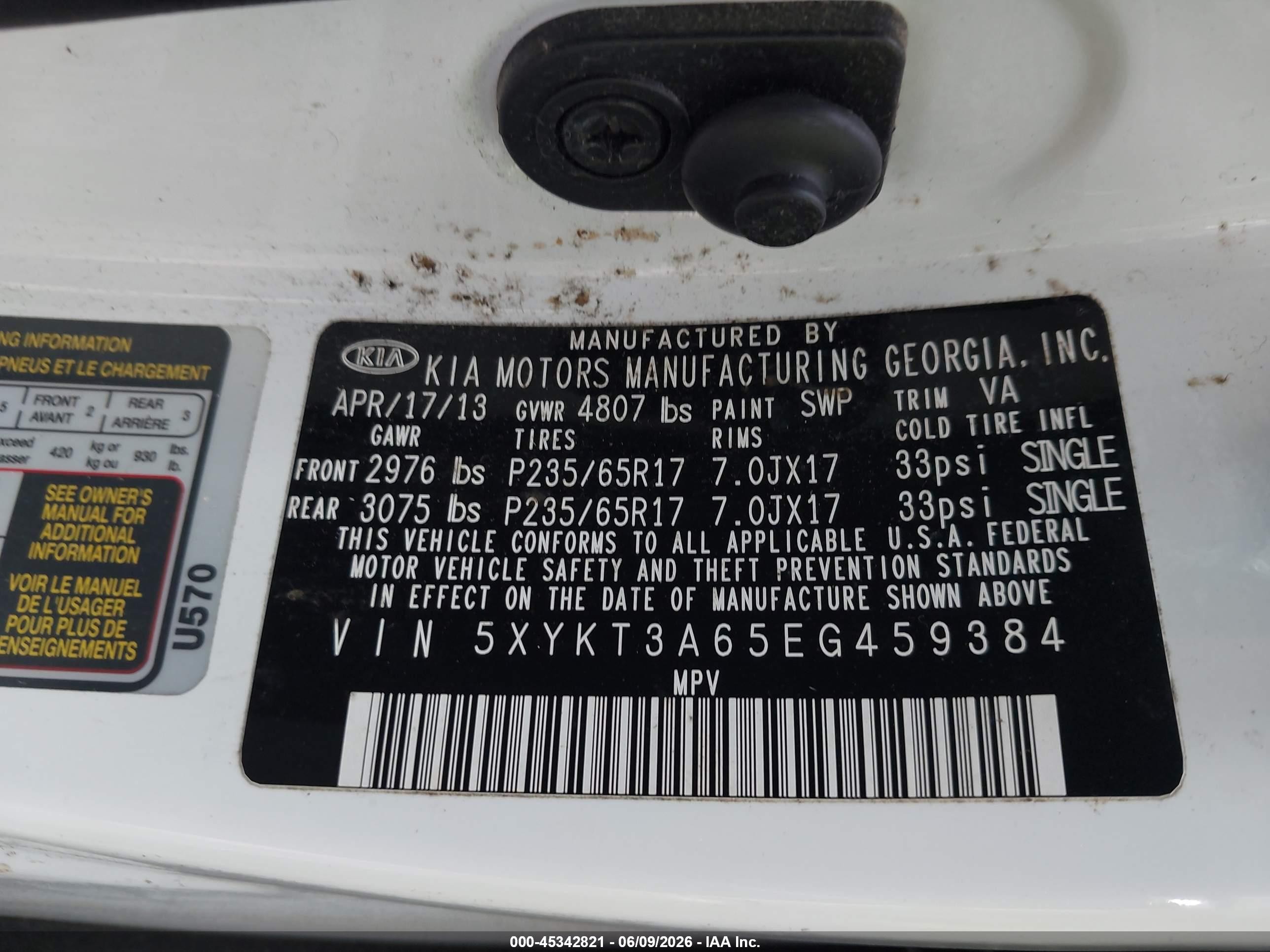 2014 Kia Sorento Lx White vin: 5XYKT3A65EG459384