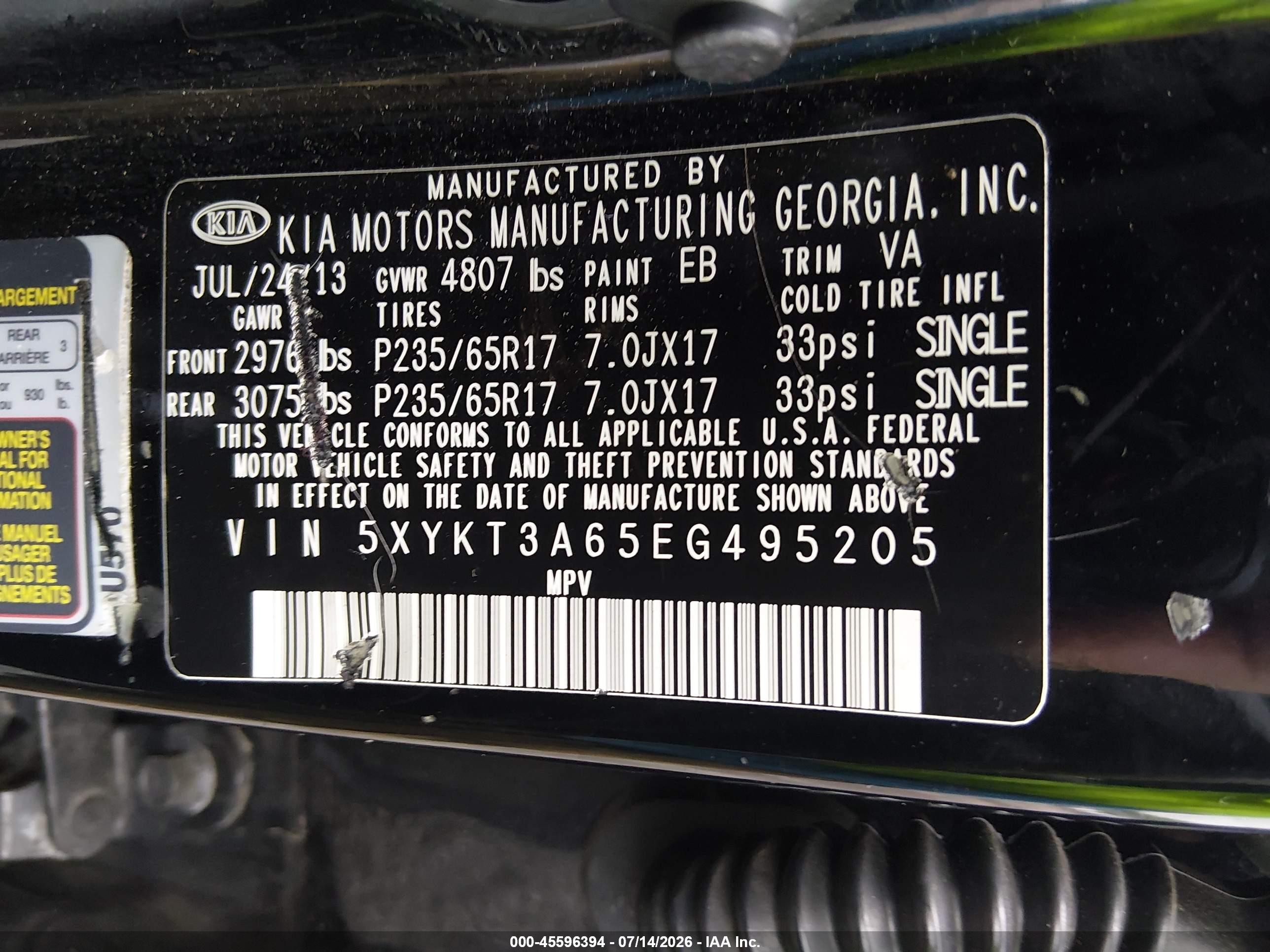 2014 Kia Sorento Lx Black vin: 5XYKT3A65EG495205