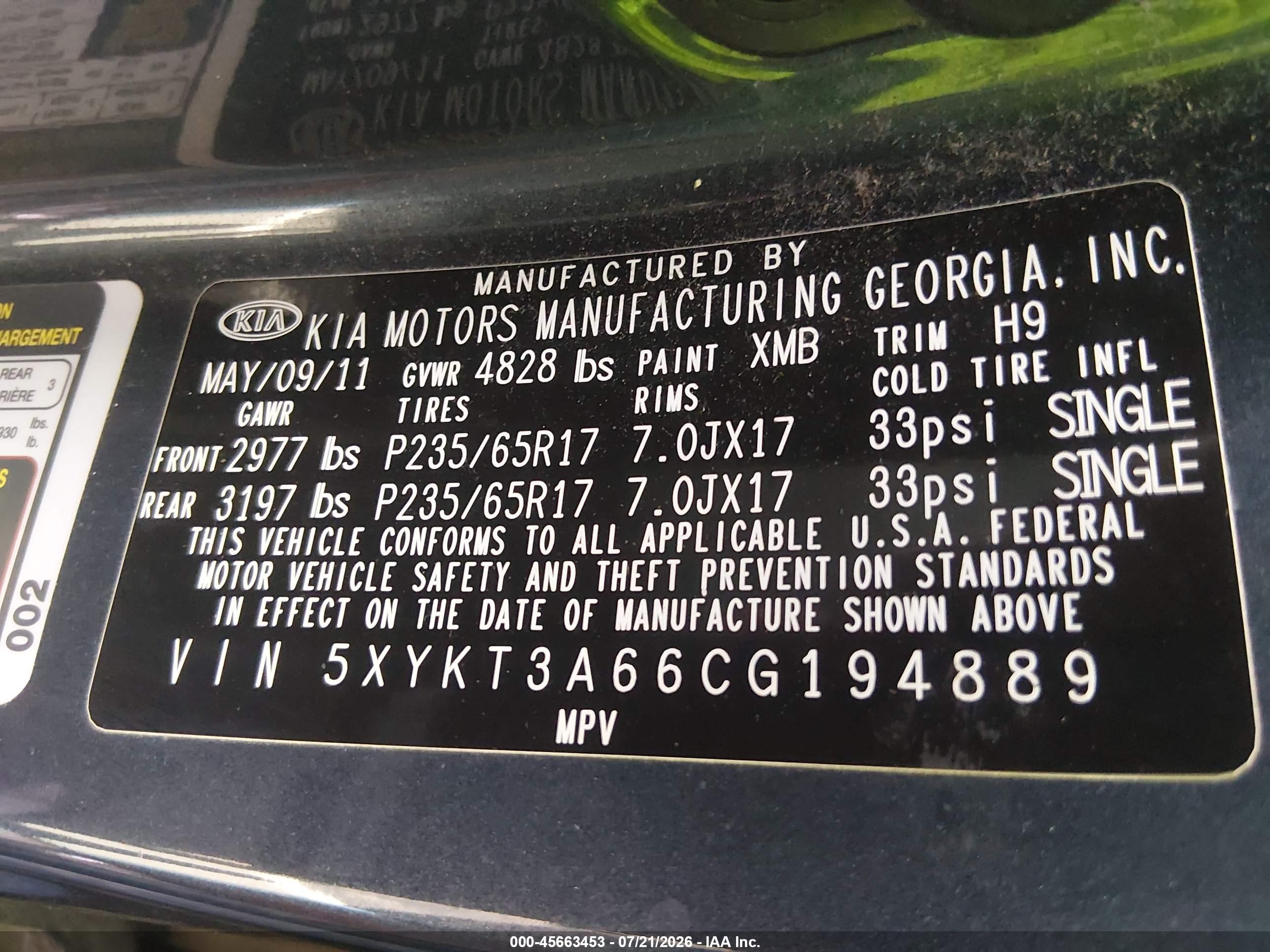 2012 Kia Sorento Lx Blue vin: 5XYKT3A66CG194889