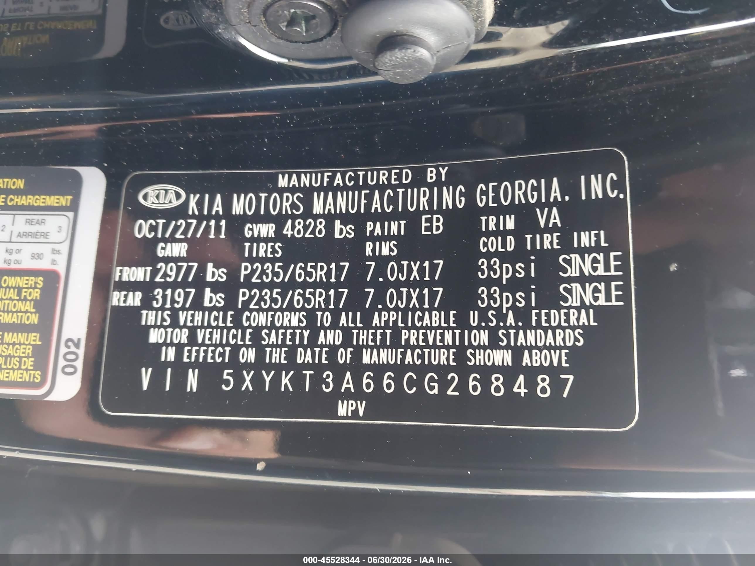 2012 Kia Sorento Lx Black vin: 5XYKT3A66CG268487