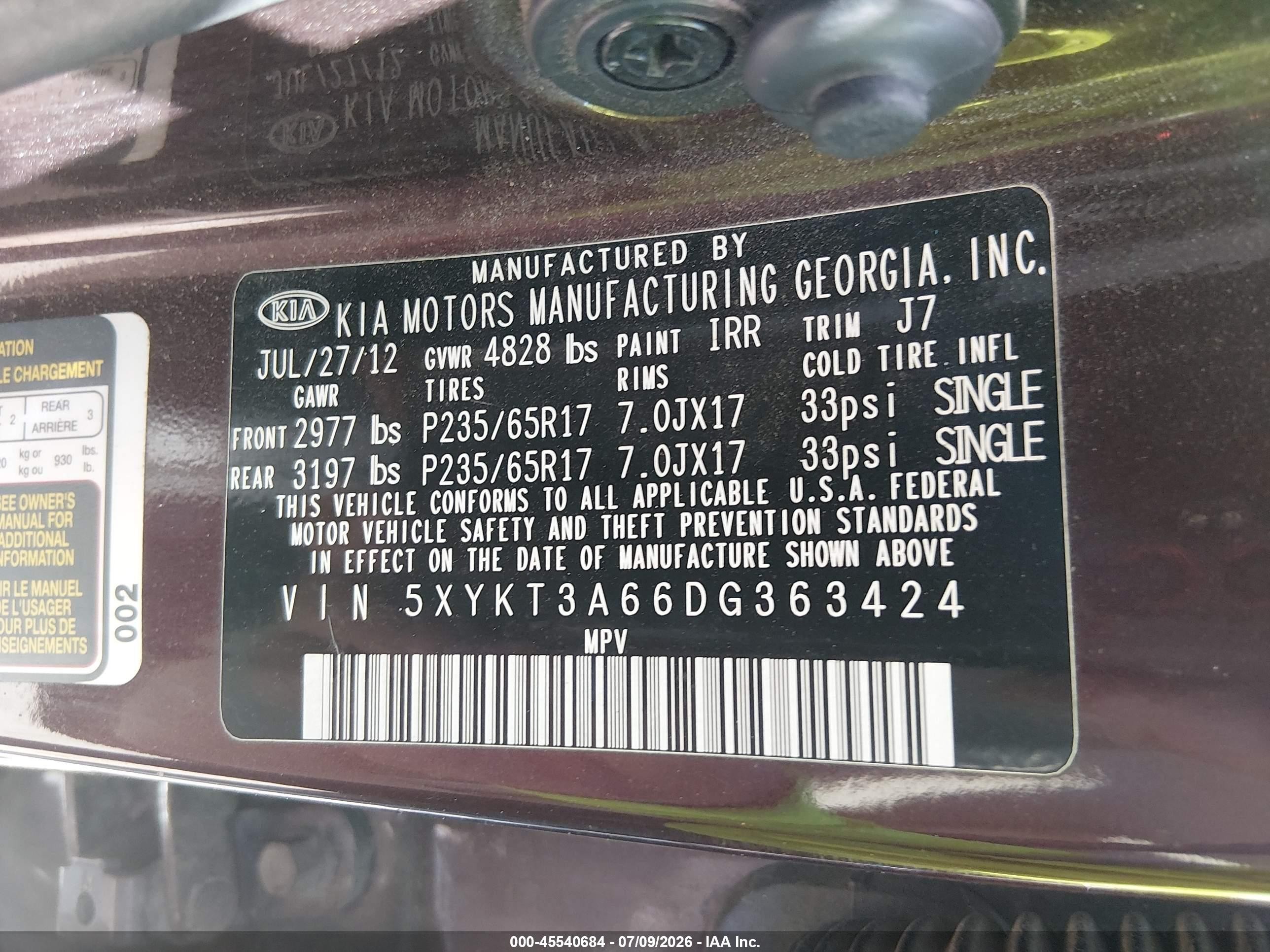 2013 Kia Sorento Lx Maroon vin: 5XYKT3A66DG363424