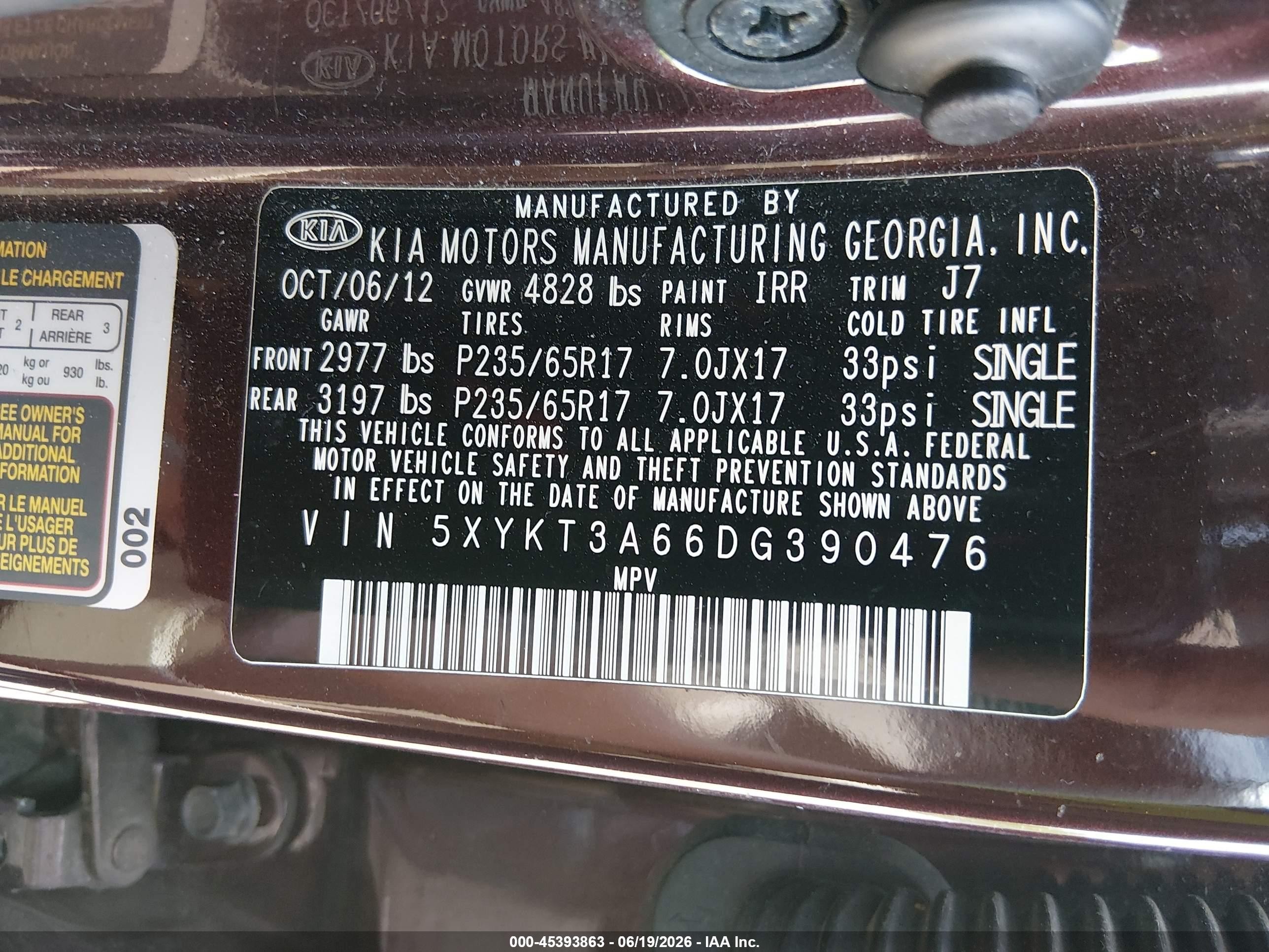 2013 Kia Sorento Lx Burgundy vin: 5XYKT3A66DG390476