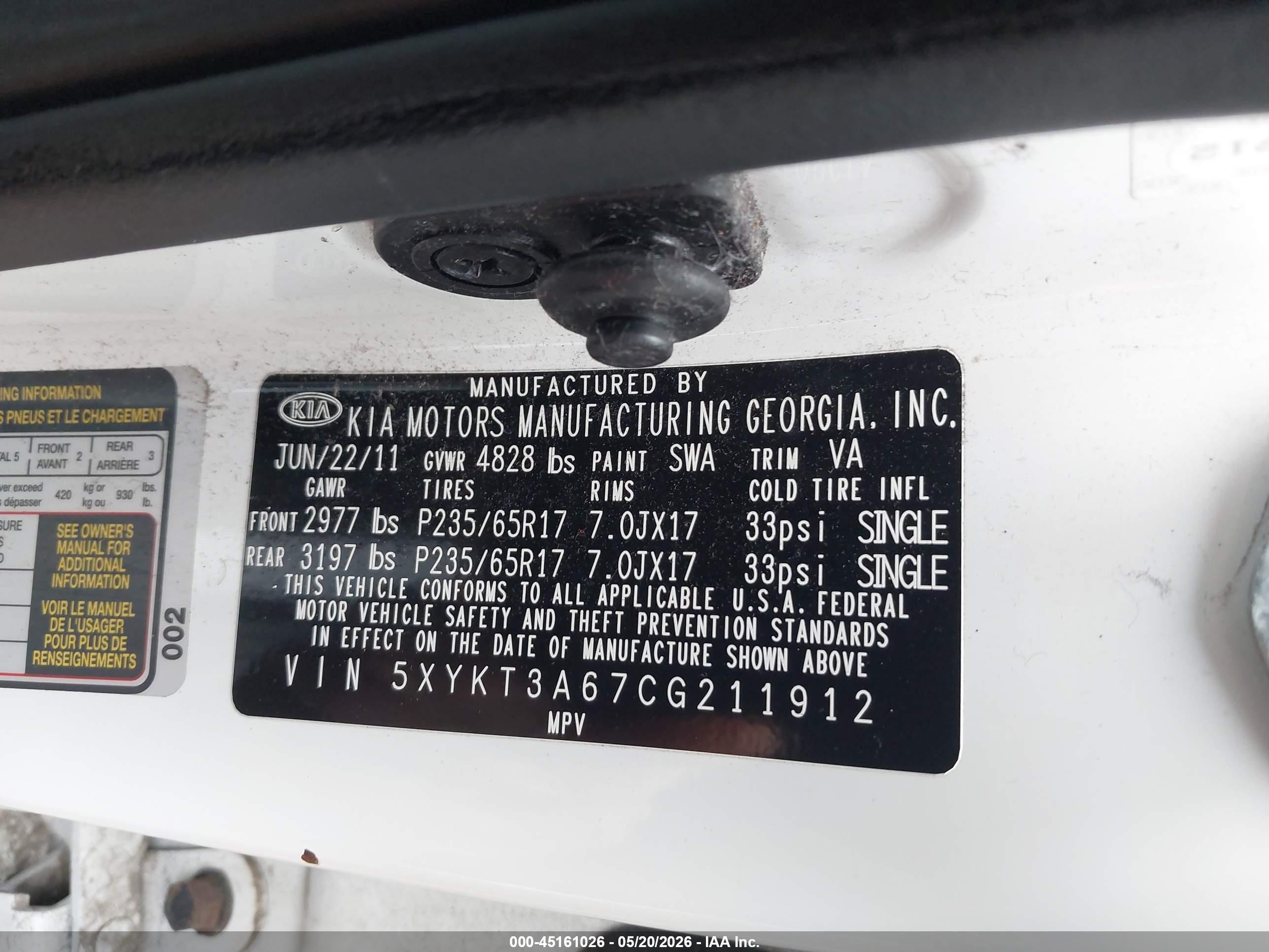 2012 Kia Sorento Lx White vin: 5XYKT3A67CG211912