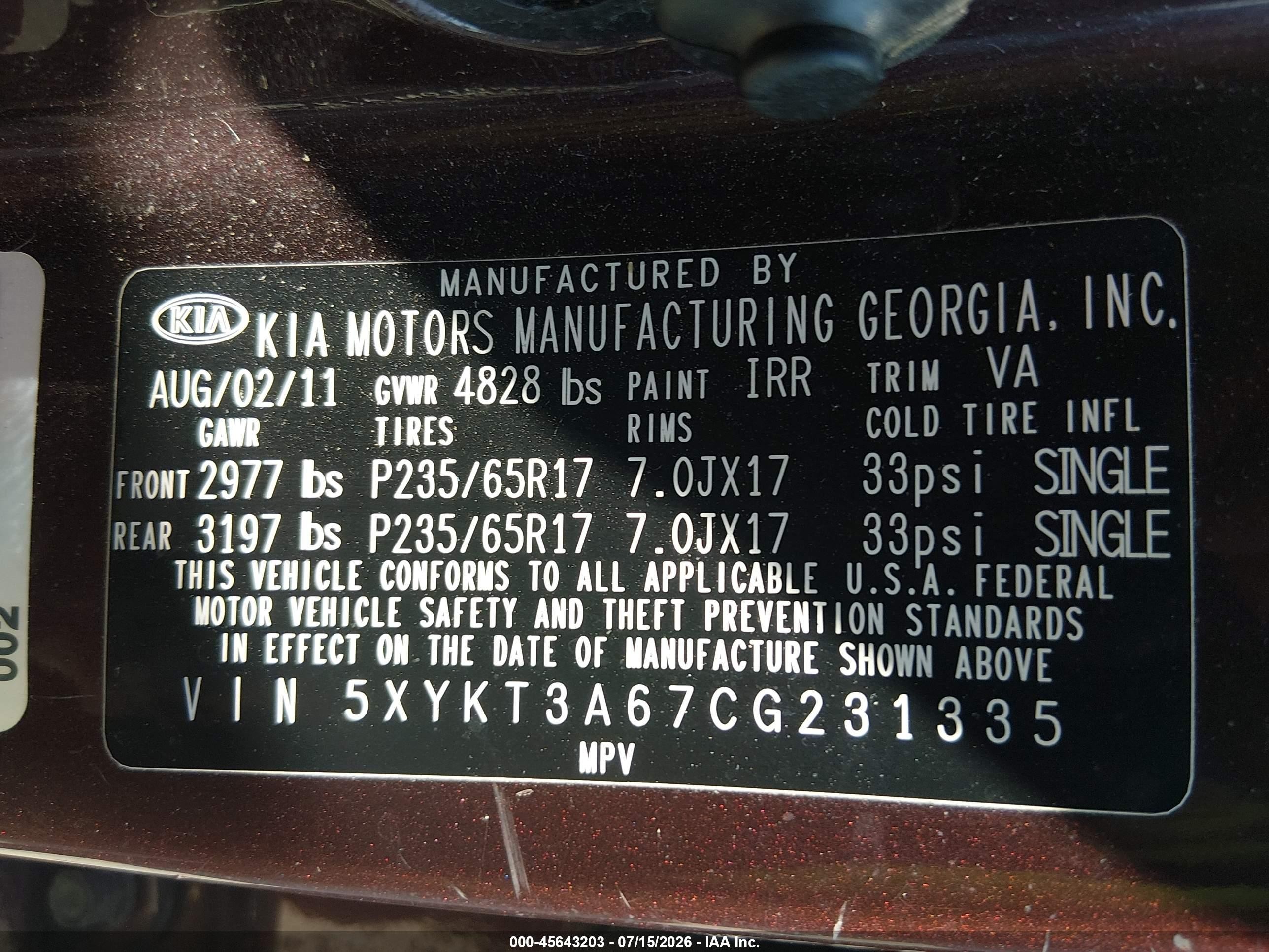 2012 Kia Sorento Lx Purple vin: 5XYKT3A67CG231335