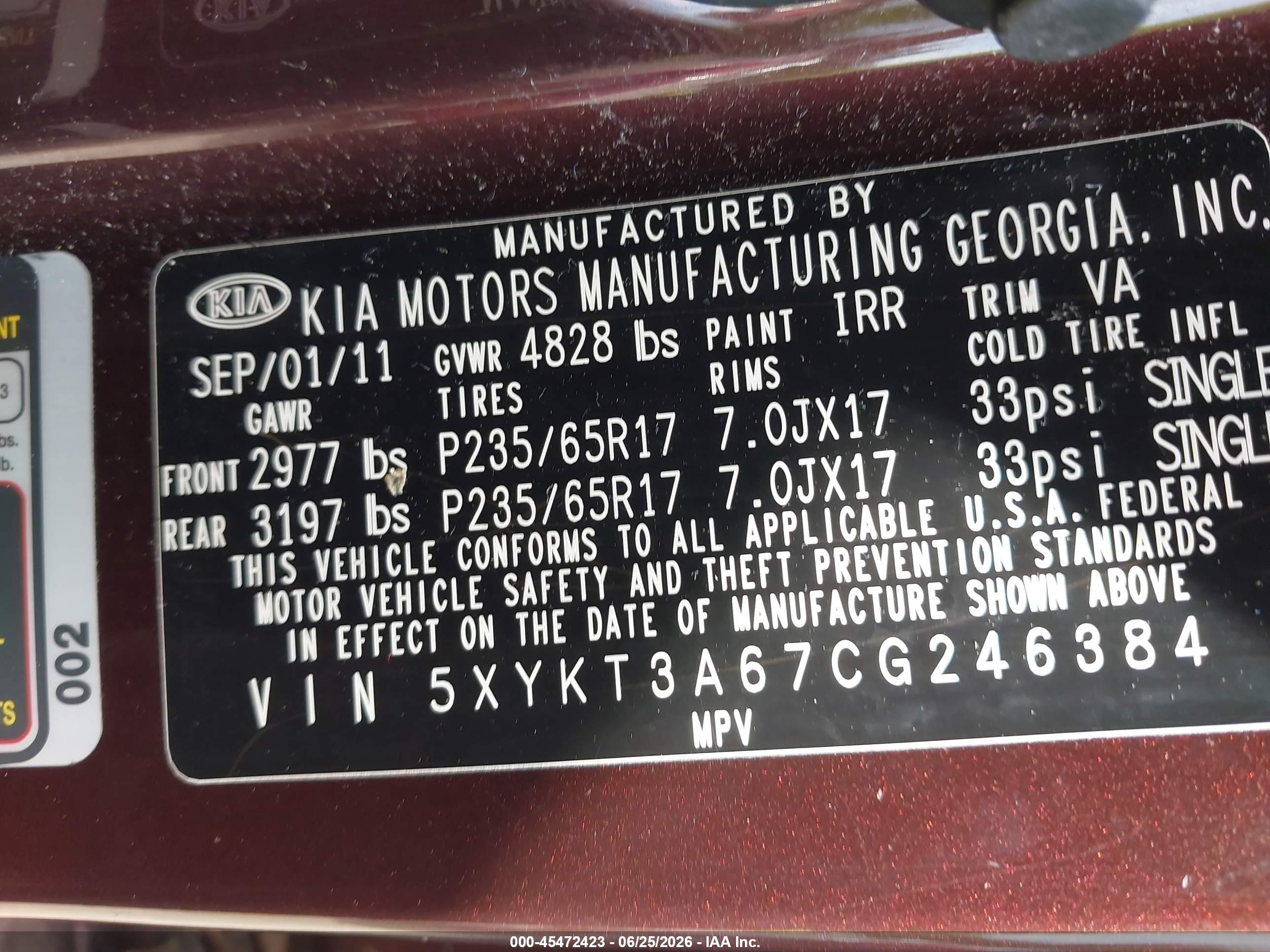 2012 Kia Sorento Lx Burgundy vin: 5XYKT3A67CG246384
