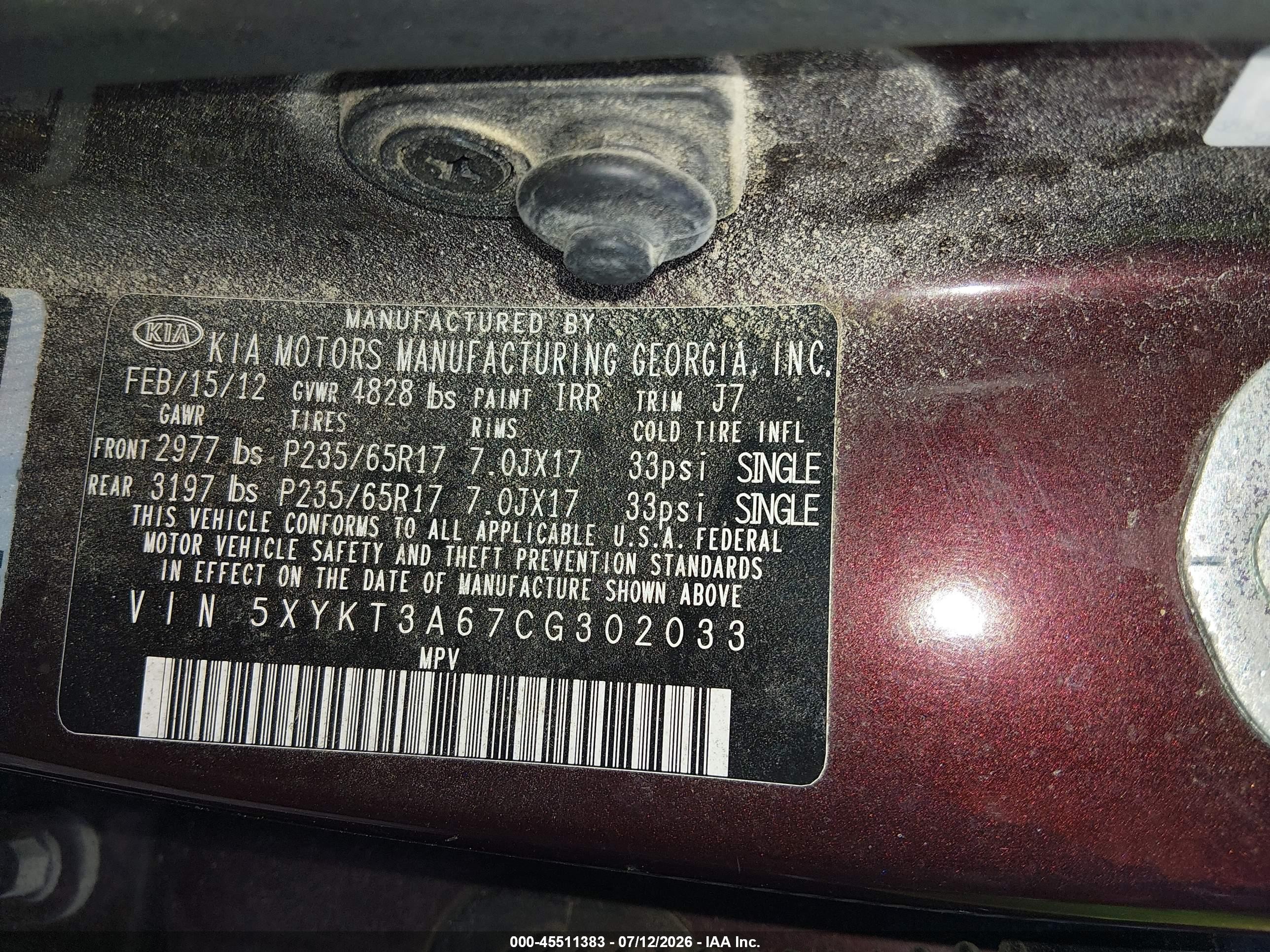 2012 Kia Sorento Lx Burgundy vin: 5XYKT3A67CG302033