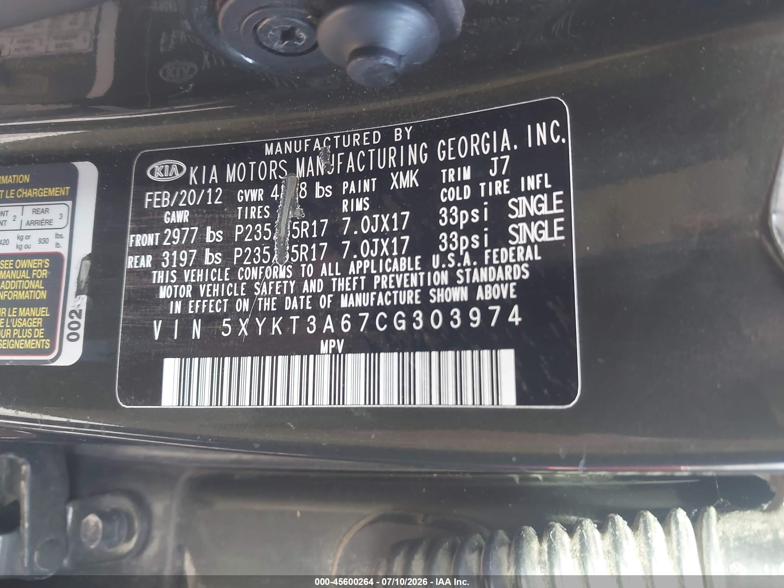 2012 Kia Sorento Lx Green vin: 5XYKT3A67CG303974