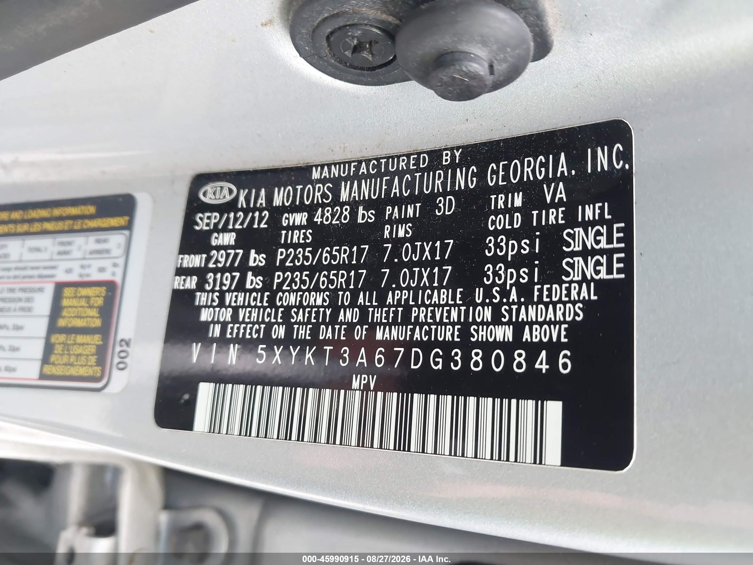 2013 Kia Sorento Lx Silver vin: 5XYKT3A67DG380846