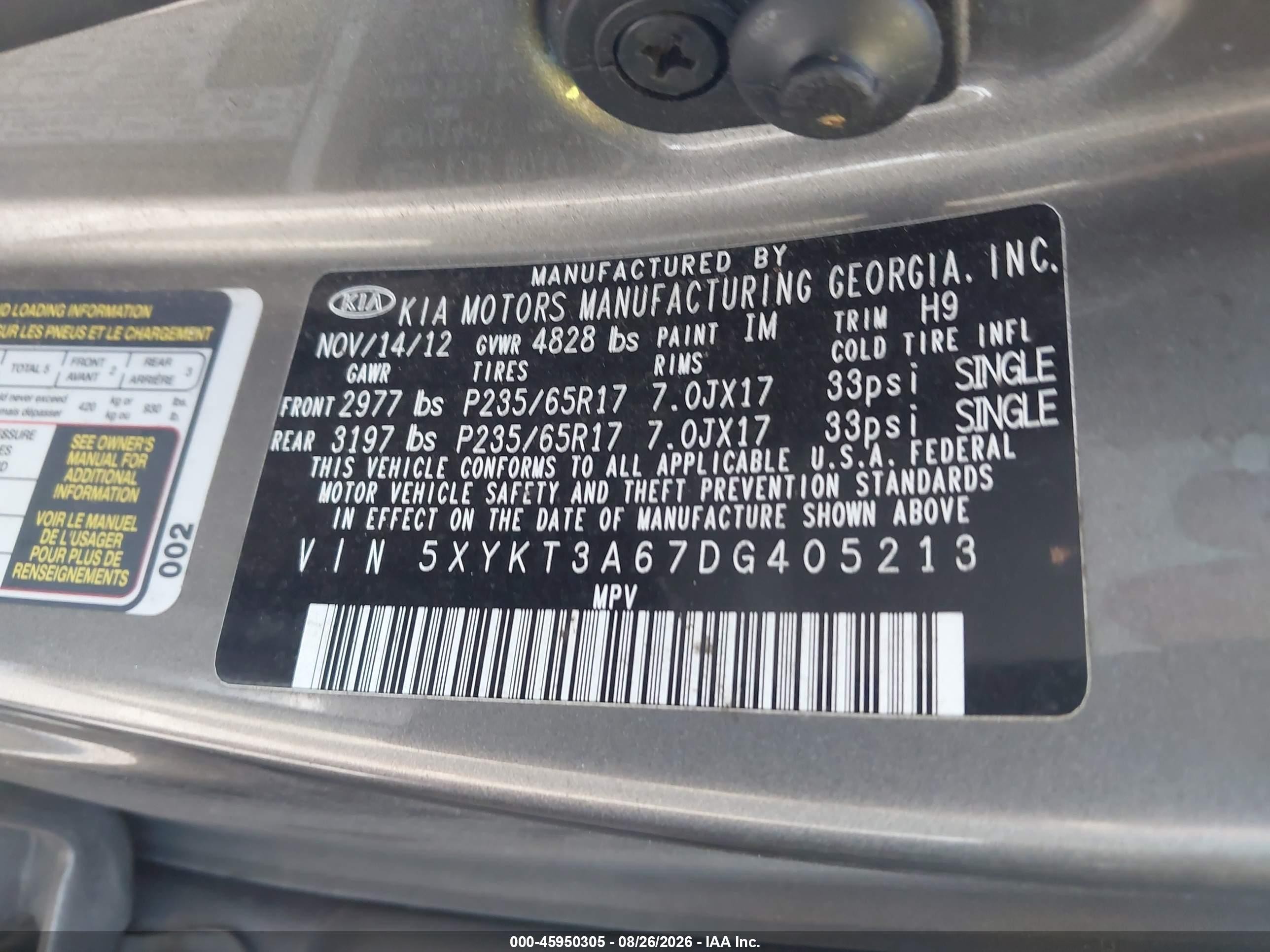2013 Kia Sorento Lx Серебряный vin: 5XYKT3A67DG405213