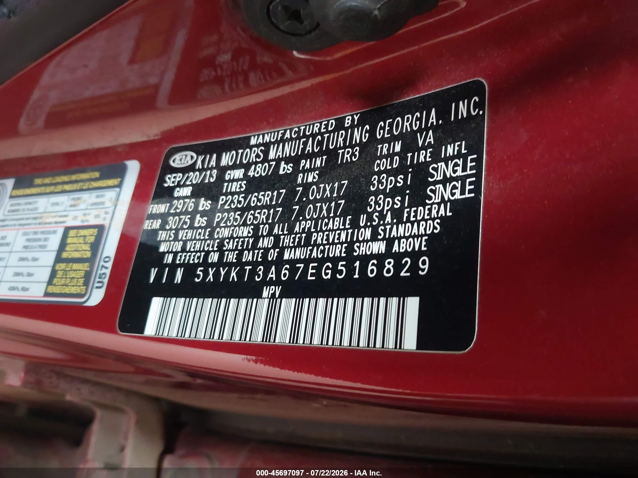 2014 Kia Sorento Lx Red vin: 5XYKT3A67EG516829