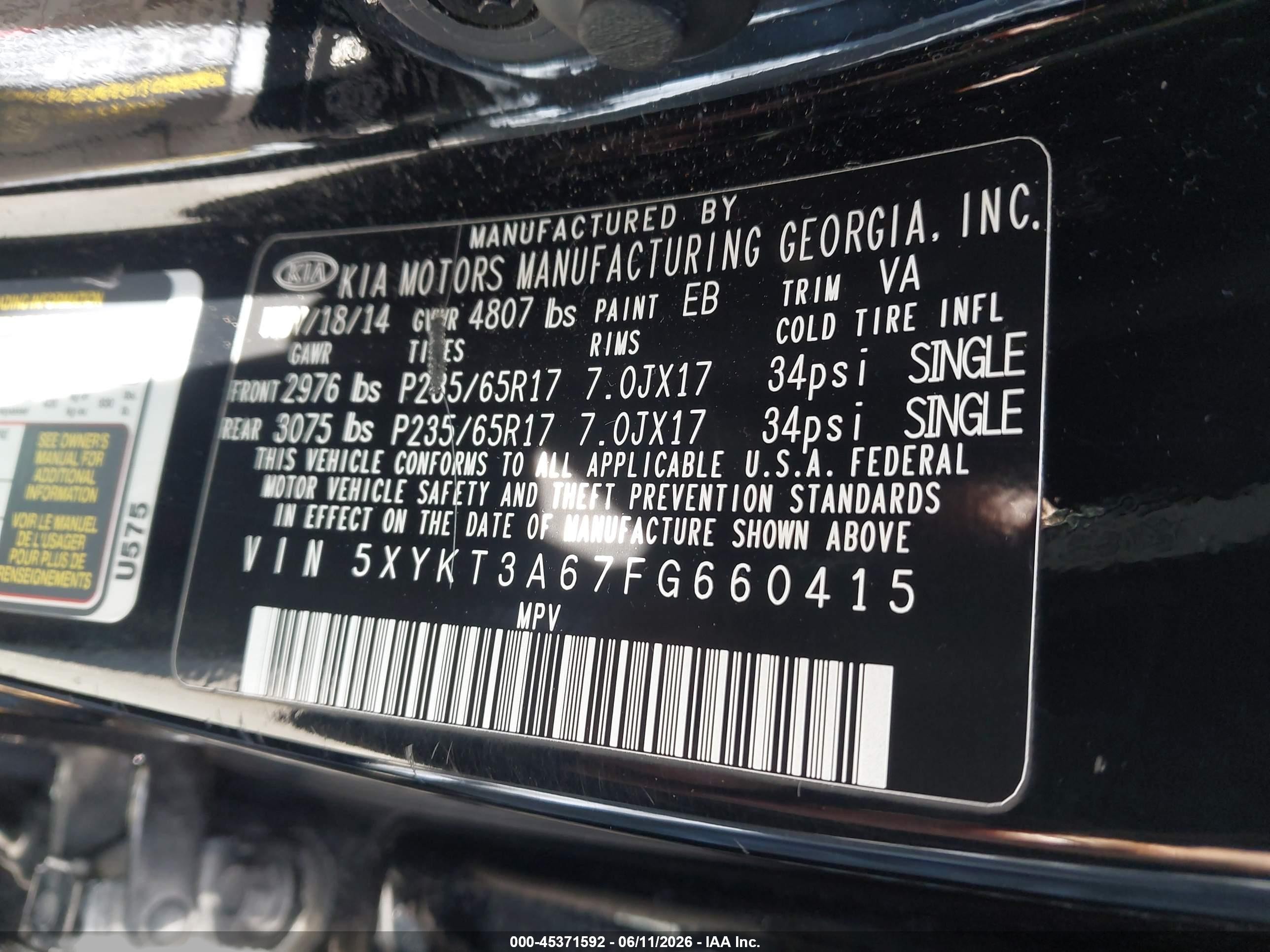 2015 Kia Sorento Lx Black vin: 5XYKT3A67FG660415