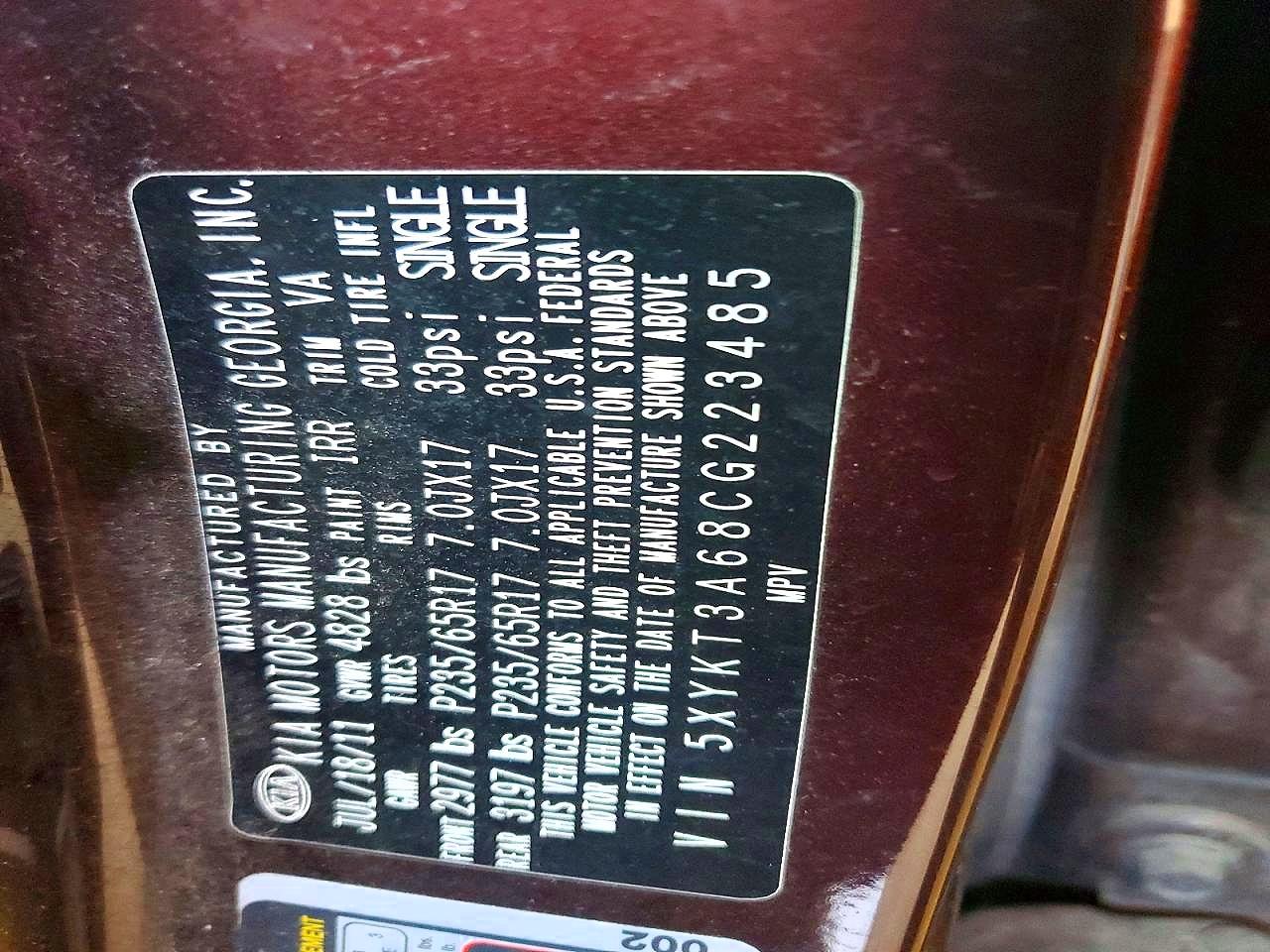 2012 Kia Sorento Lx Burgundy vin: 5XYKT3A68CG223485