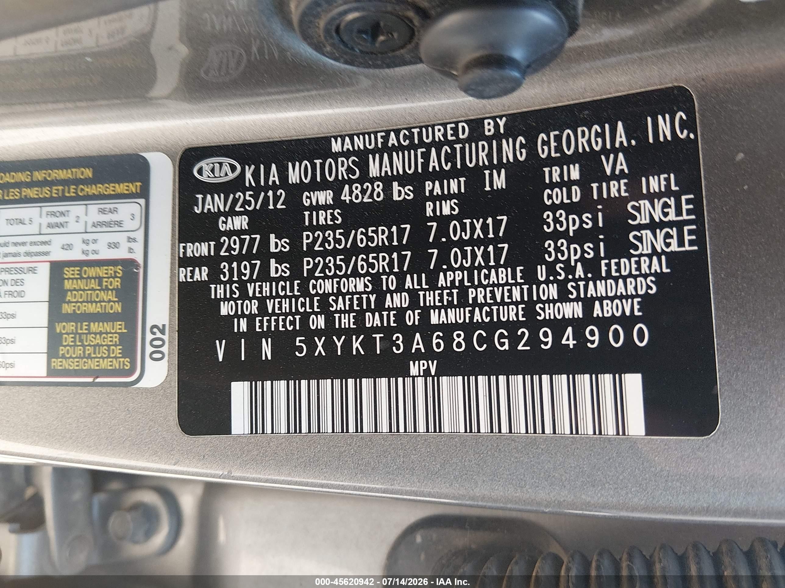 2012 Kia Sorento Lx Gray vin: 5XYKT3A68CG294900