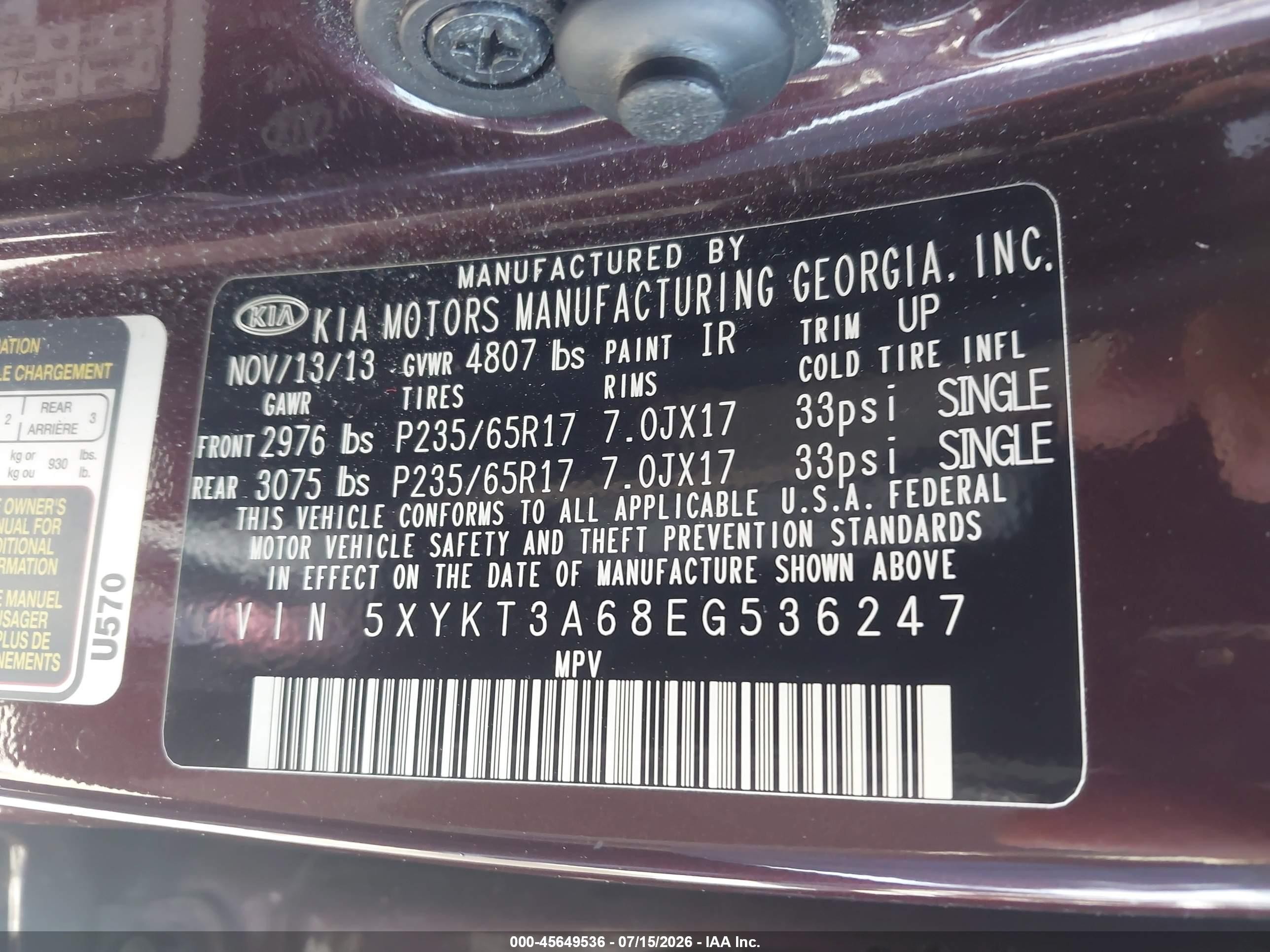 2014 Kia Sorento Lx Бордовый vin: 5XYKT3A68EG536247