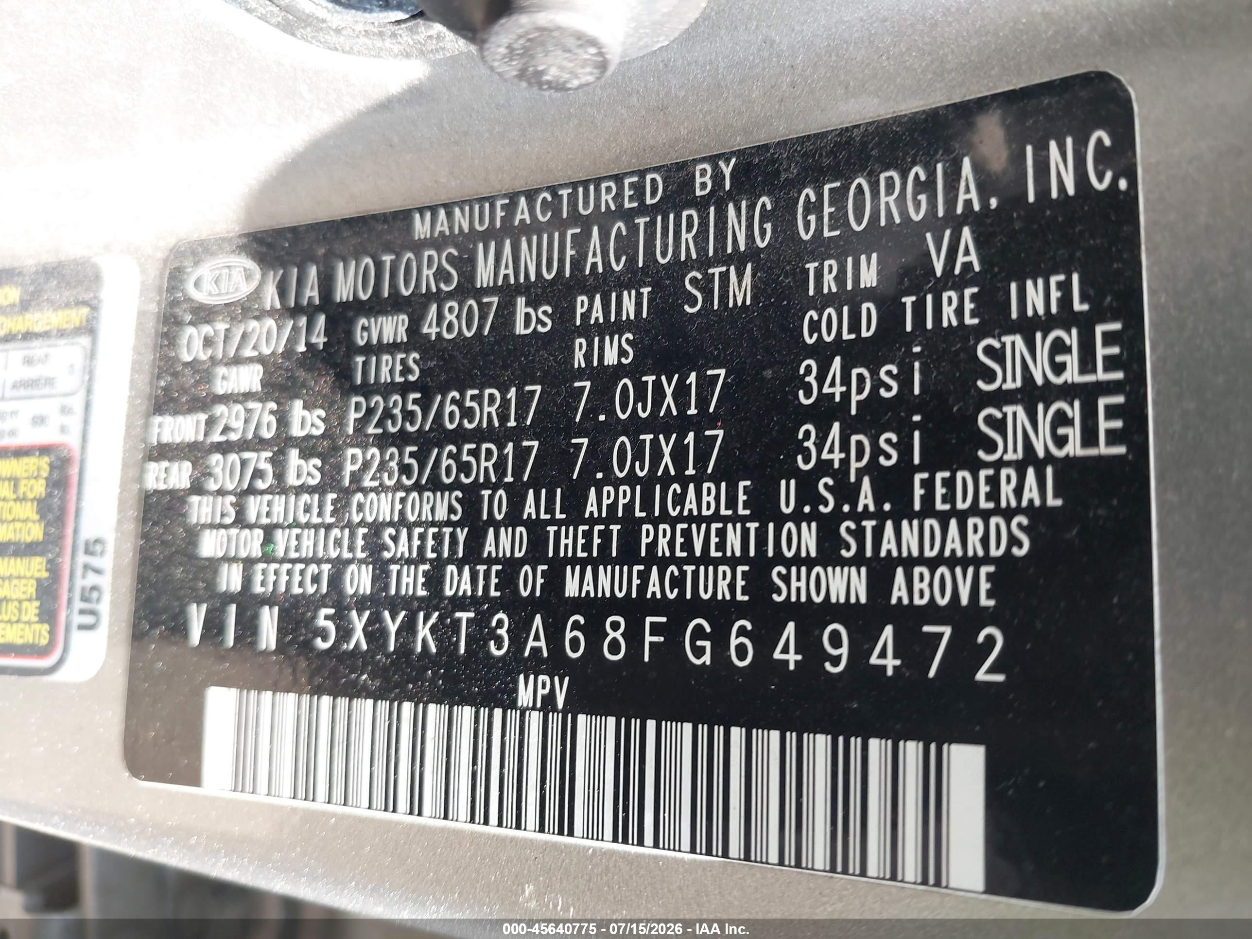 2015 Kia Sorento Lx Gray vin: 5XYKT3A68FG649472