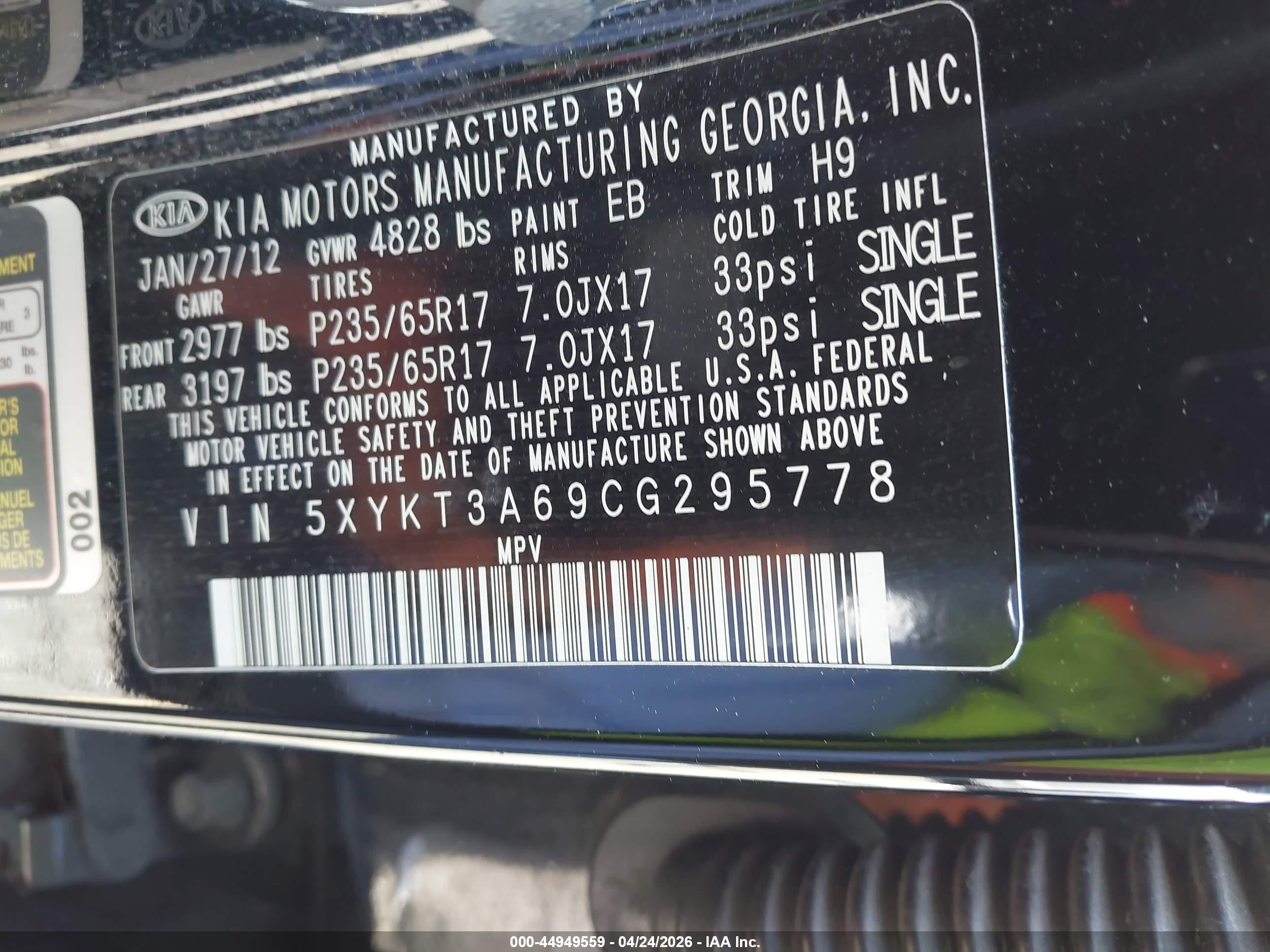 2012 Kia Sorento Lx Black vin: 5XYKT3A69CG295778