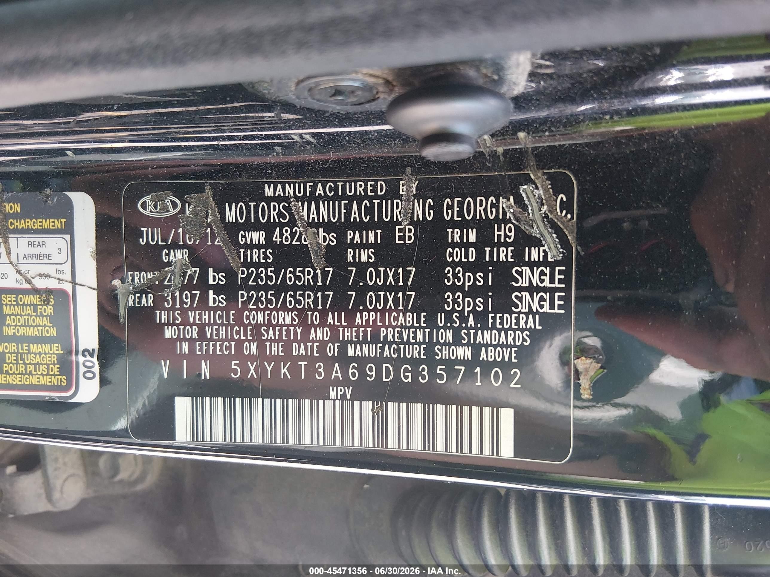 2013 Kia Sorento Lx Black vin: 5XYKT3A69DG357102