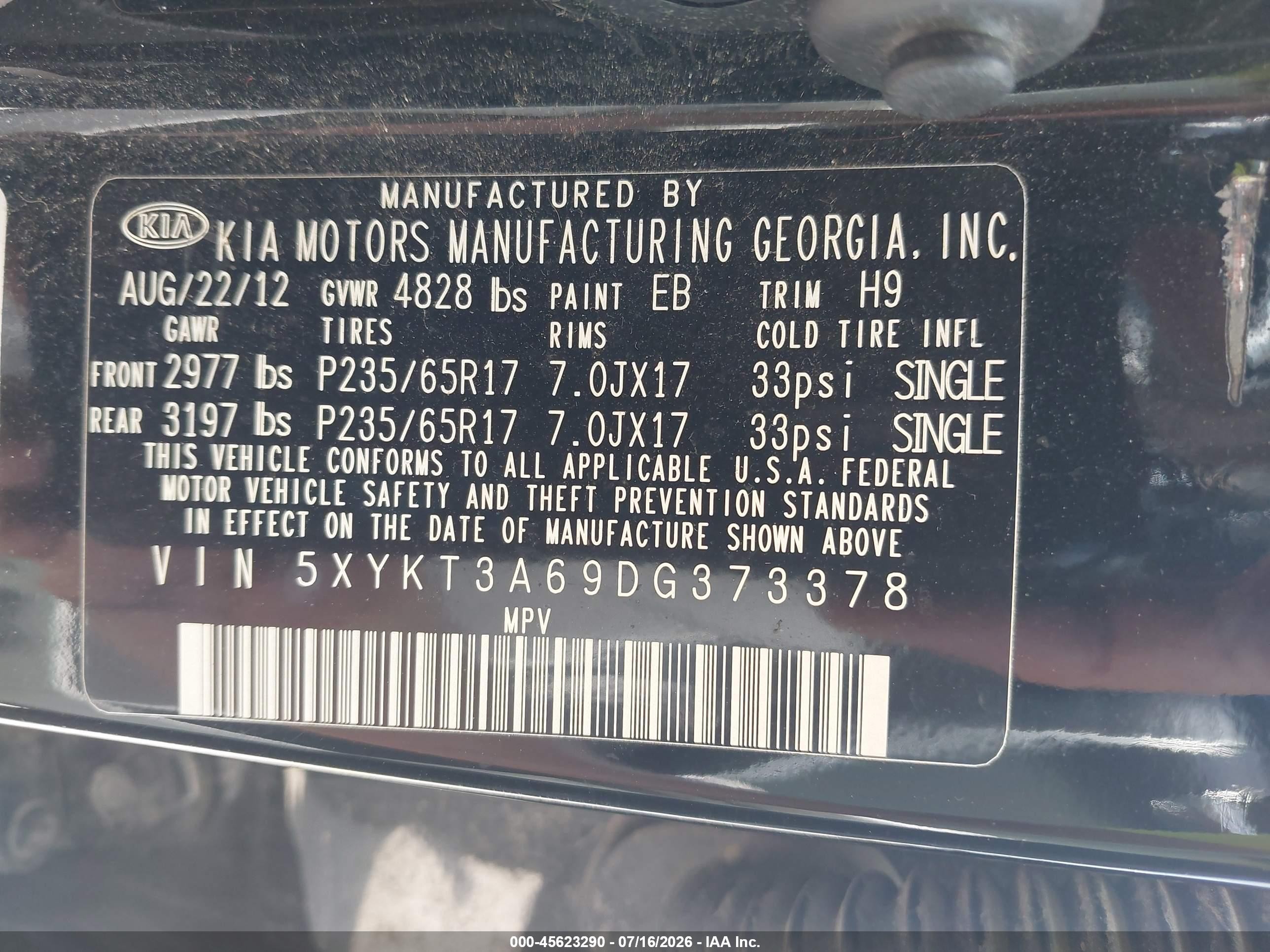 2013 Kia Sorento Lx Black vin: 5XYKT3A69DG373378