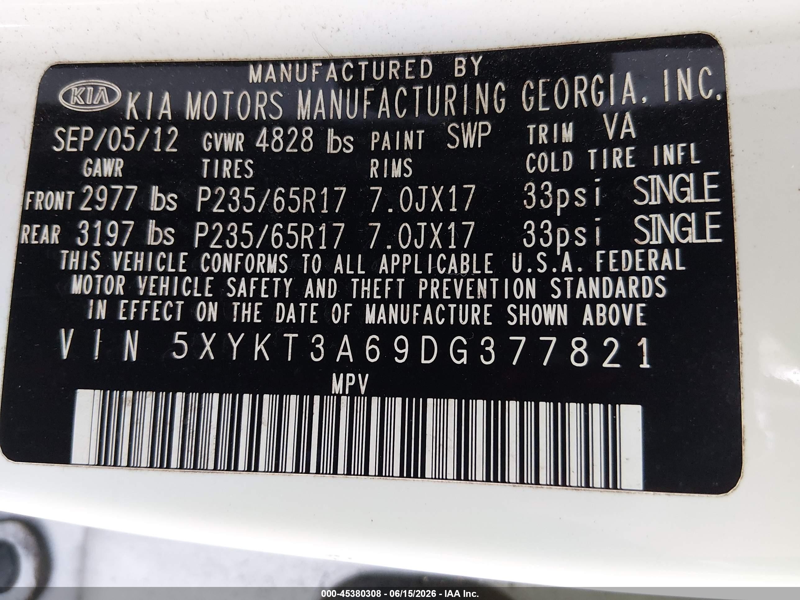 2013 Kia Sorento Lx White vin: 5XYKT3A69DG377821