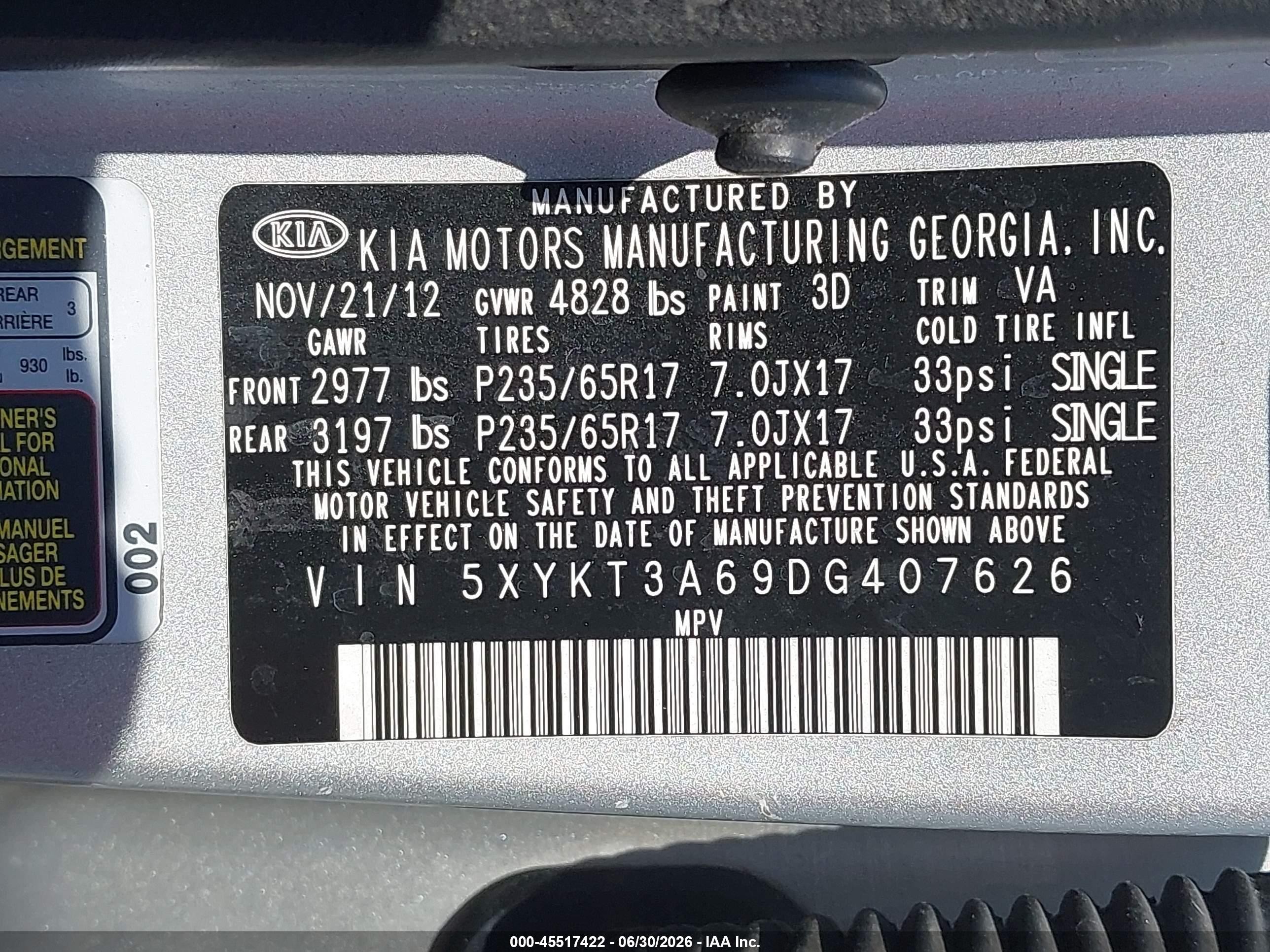2013 Kia Sorento Lx Серебряный vin: 5XYKT3A69DG407626