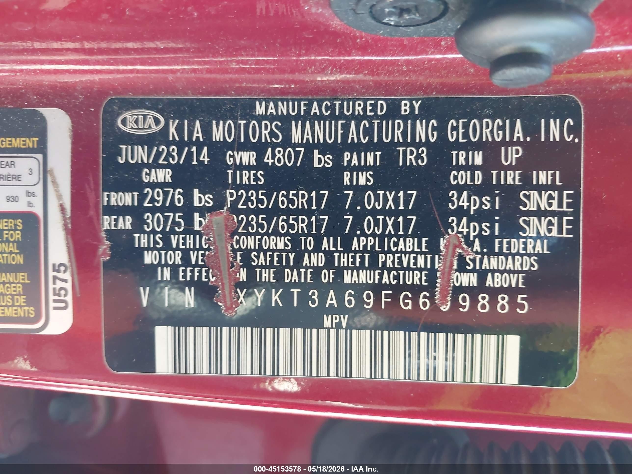 2015 Kia Sorento Lx Red vin: 5XYKT3A69FG609885