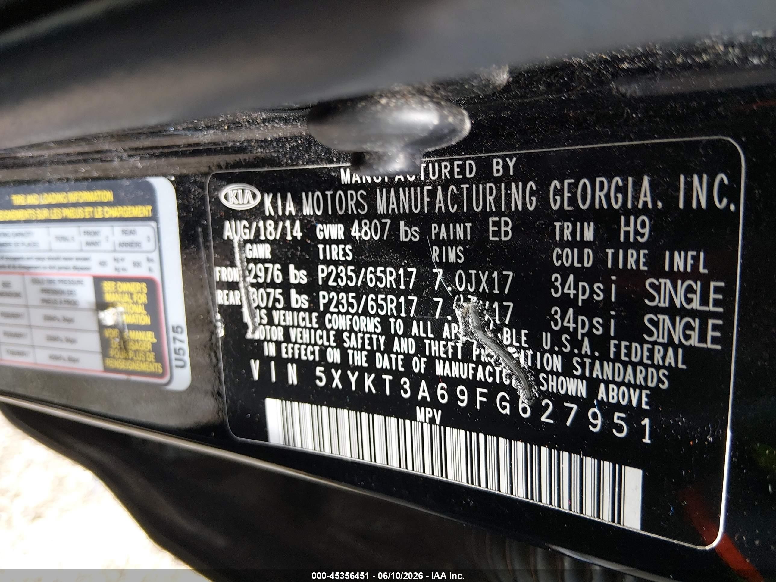 2015 Kia Sorento Lx Black vin: 5XYKT3A69FG627951