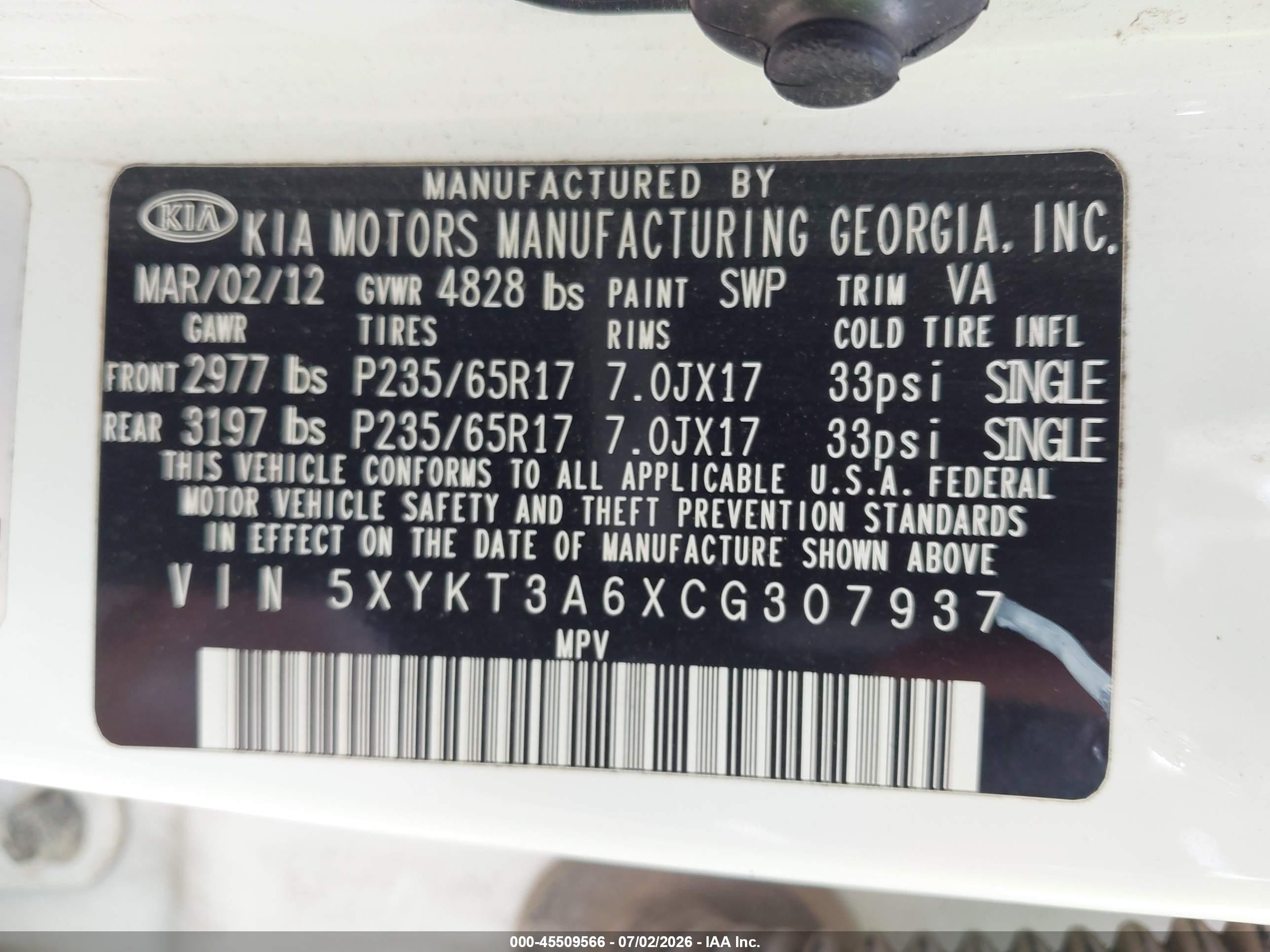 2012 Kia Sorento Lx White vin: 5XYKT3A6XCG307937