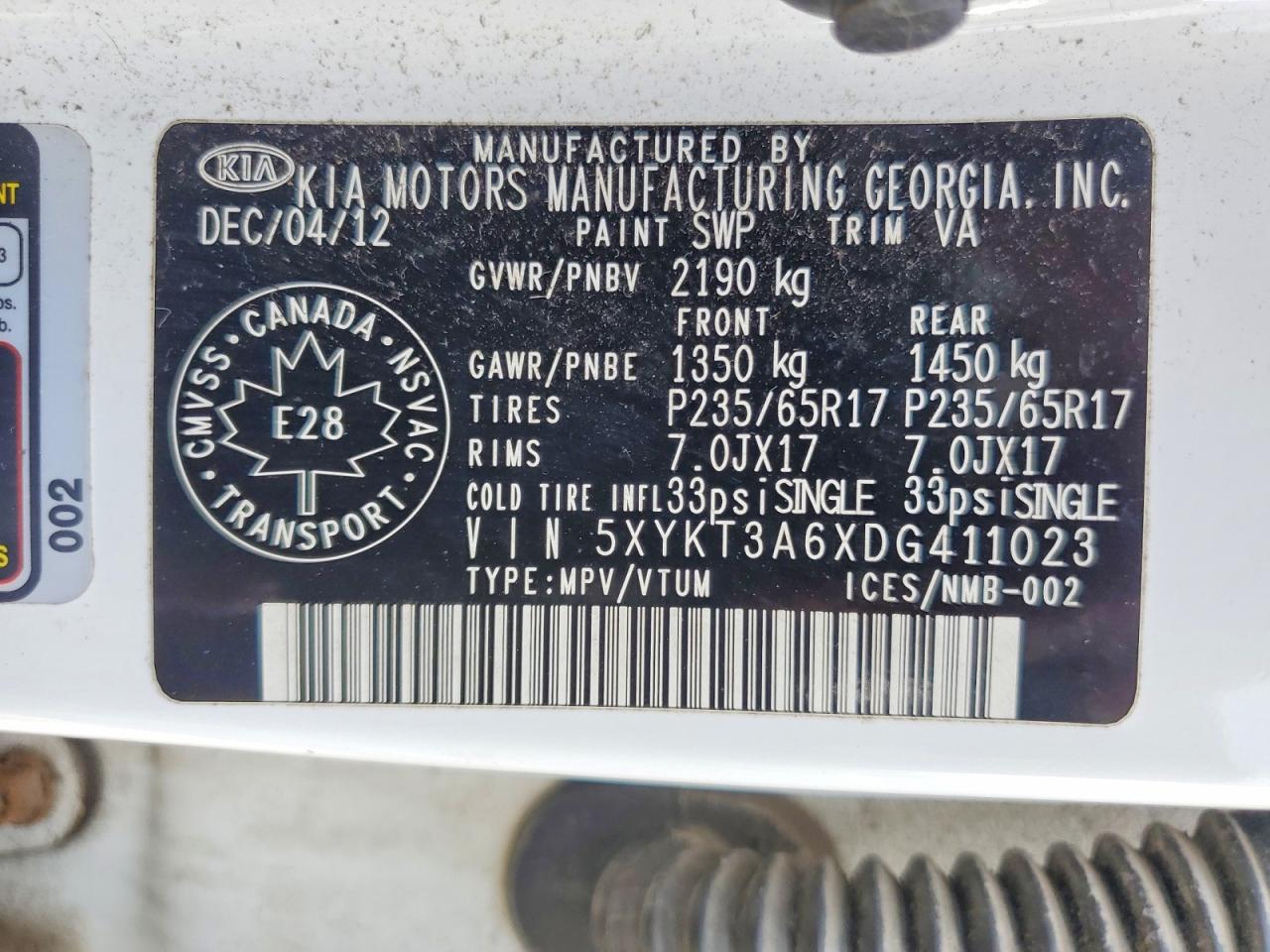 2013 Kia Sorento Lx Белый vin: 5XYKT3A6XDG411023
