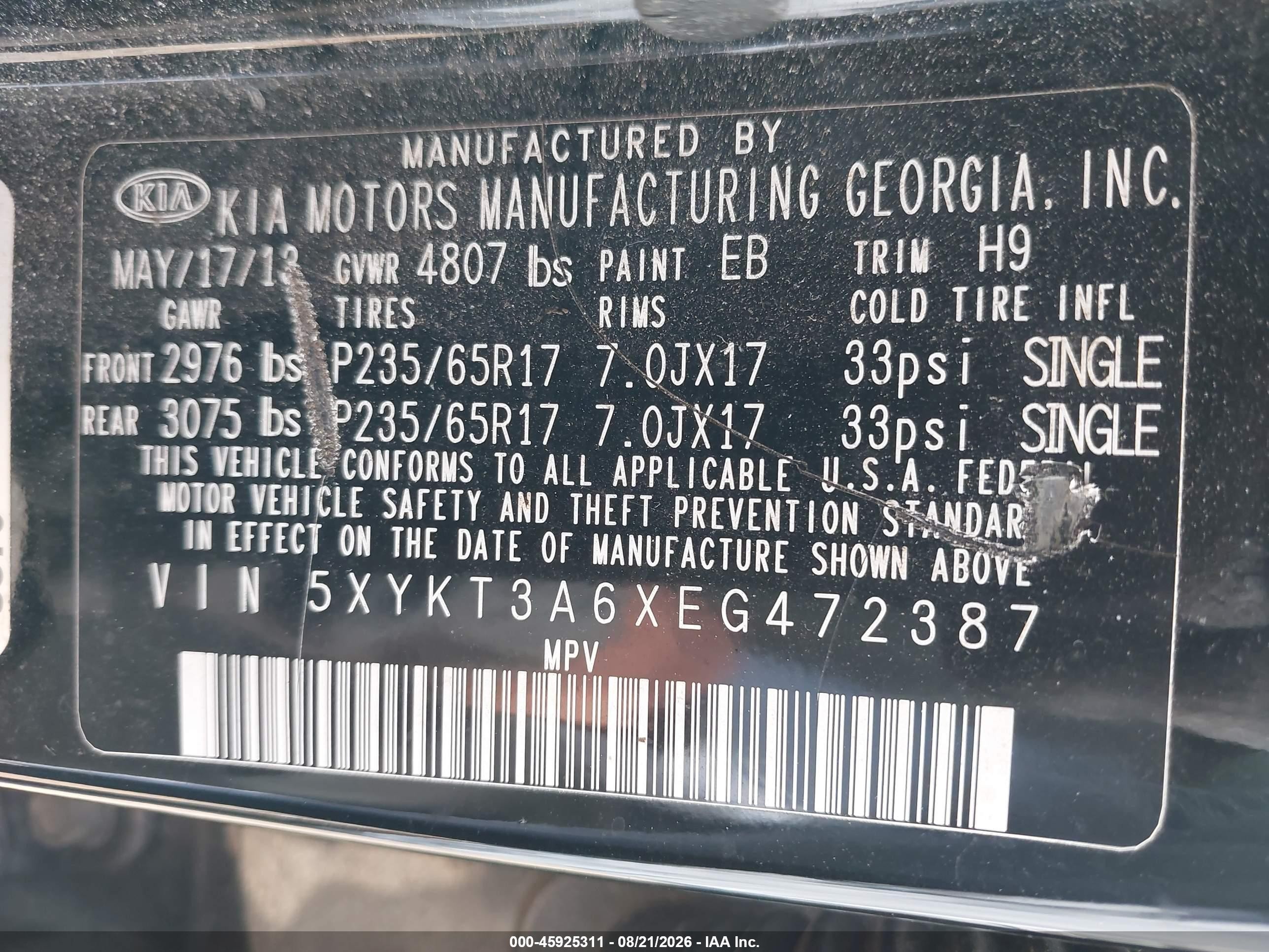 2014 Kia Sorento Lx Black vin: 5XYKT3A6XEG472387