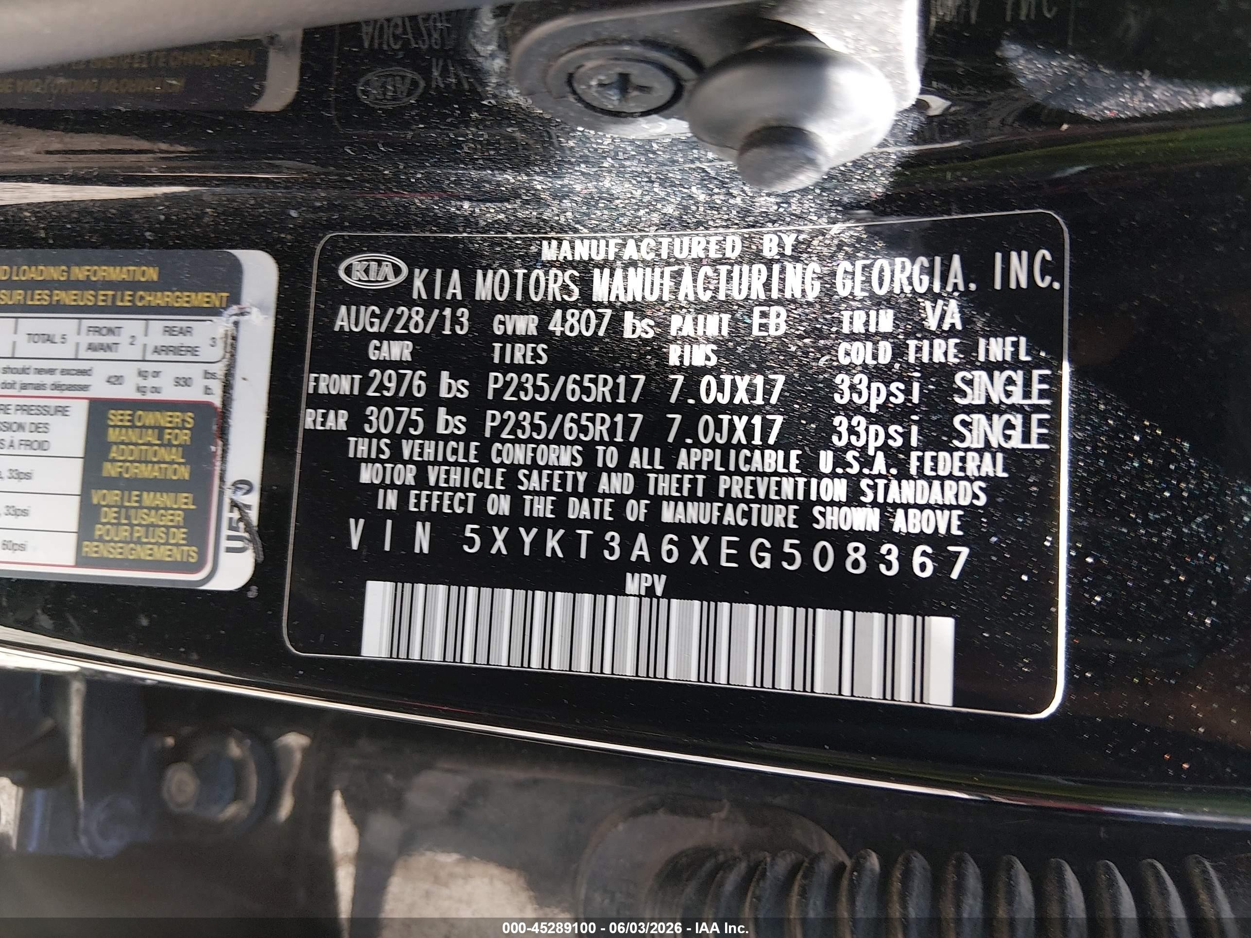 2014 Kia Sorento Lx Black vin: 5XYKT3A6XEG508367