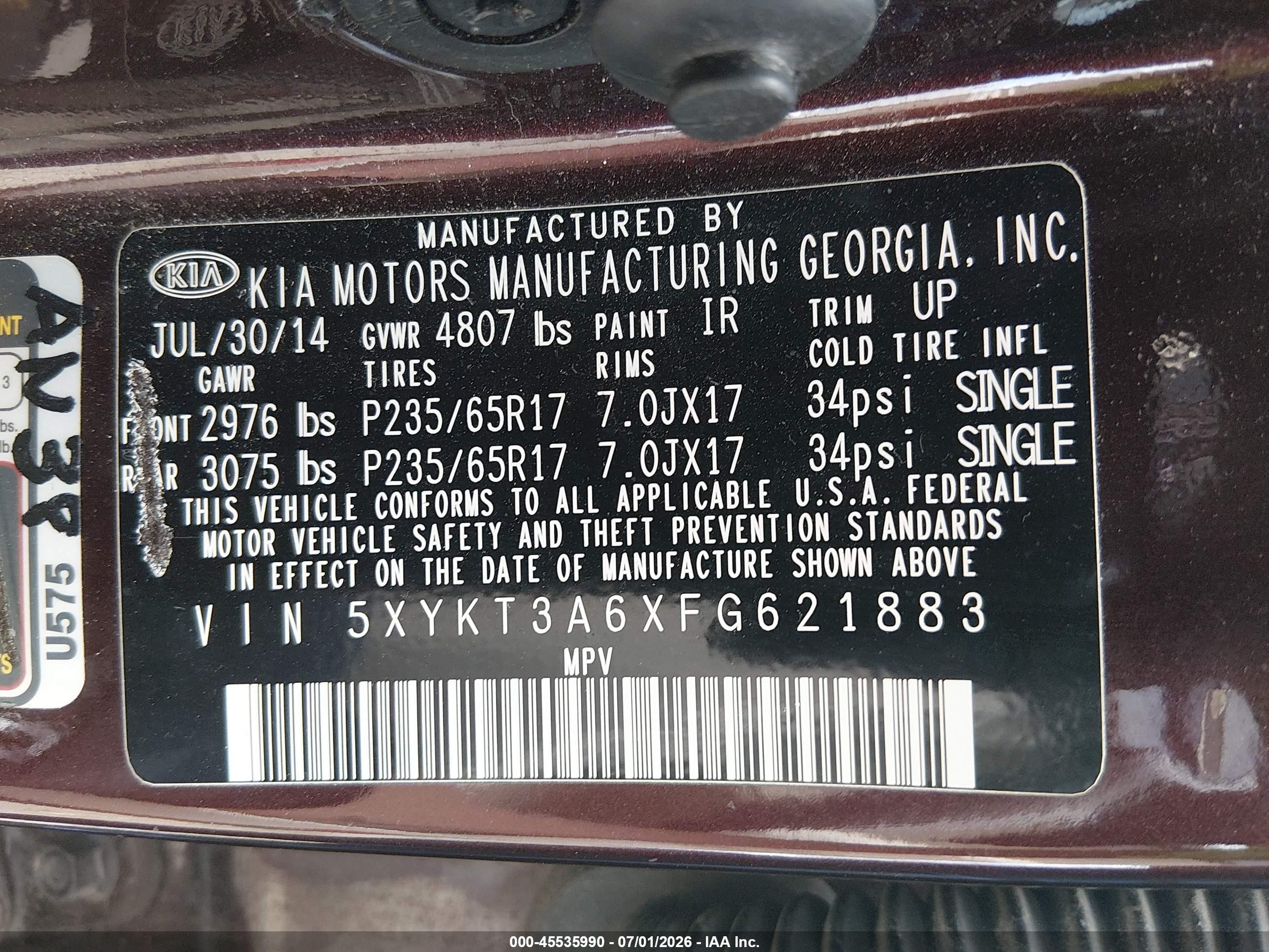 2015 Kia Sorento Lx Purple vin: 5XYKT3A6XFG621883