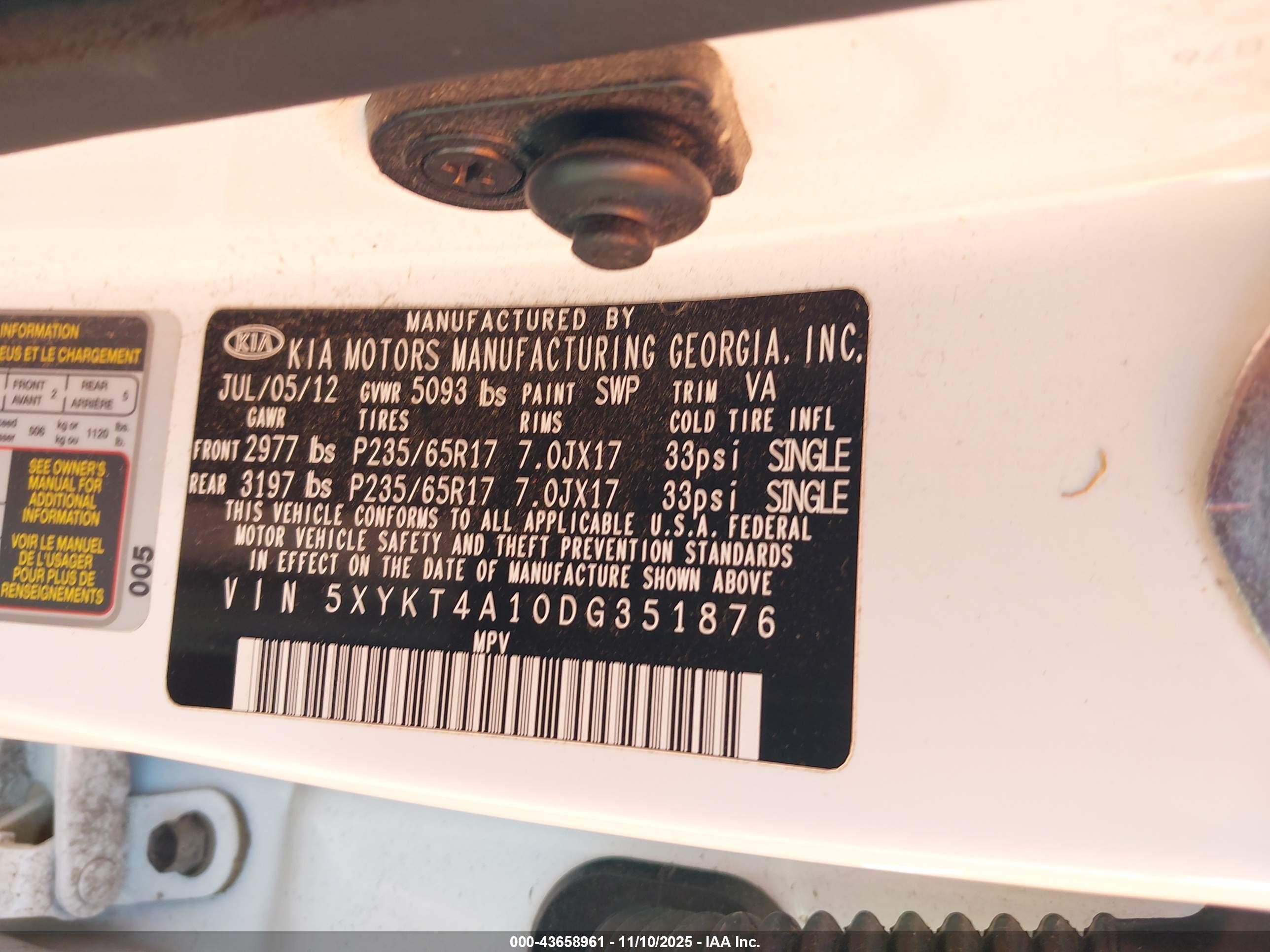 2013 Kia Sorento Lx White vin: 5XYKT4A10DG351876