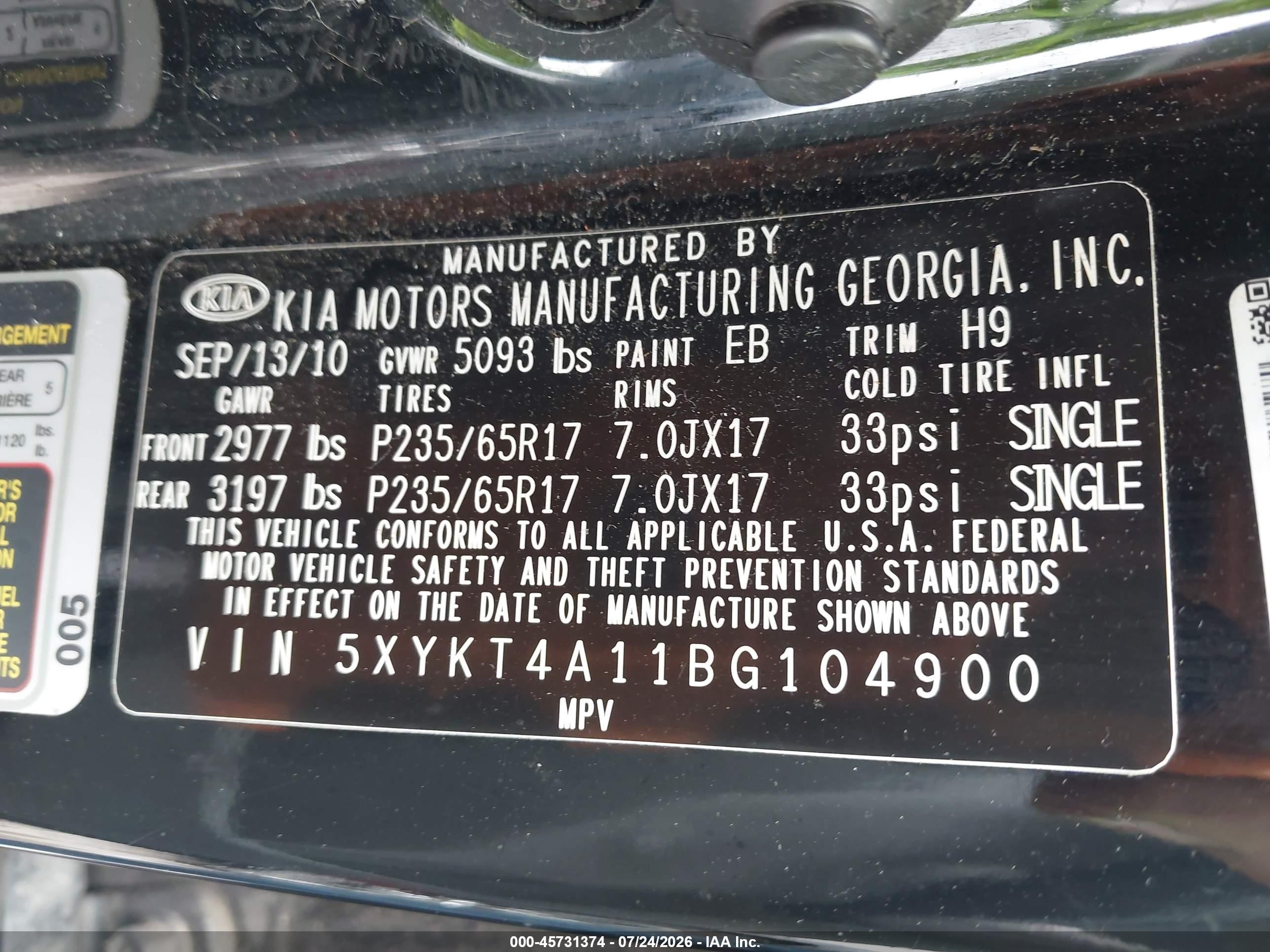 2011 Kia Sorento Lx Black vin: 5XYKT4A11BG104900