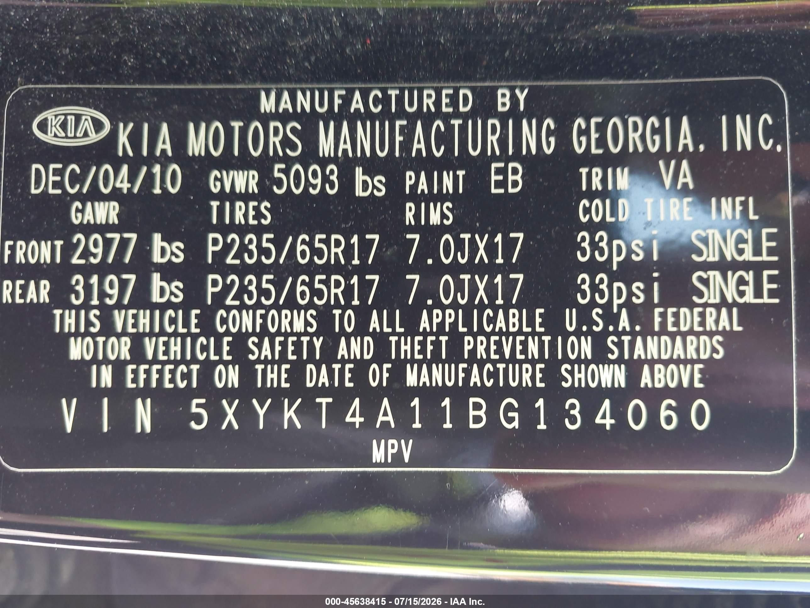 2011 Kia Sorento Lx Black vin: 5XYKT4A11BG134060