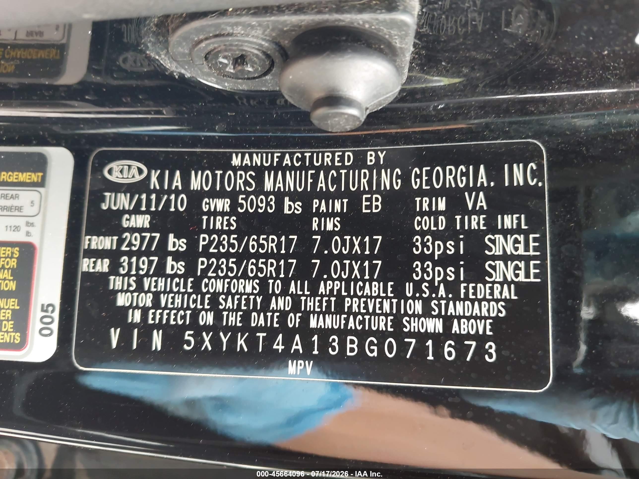 2011 Kia Sorento Lx Black vin: 5XYKT4A13BG071673