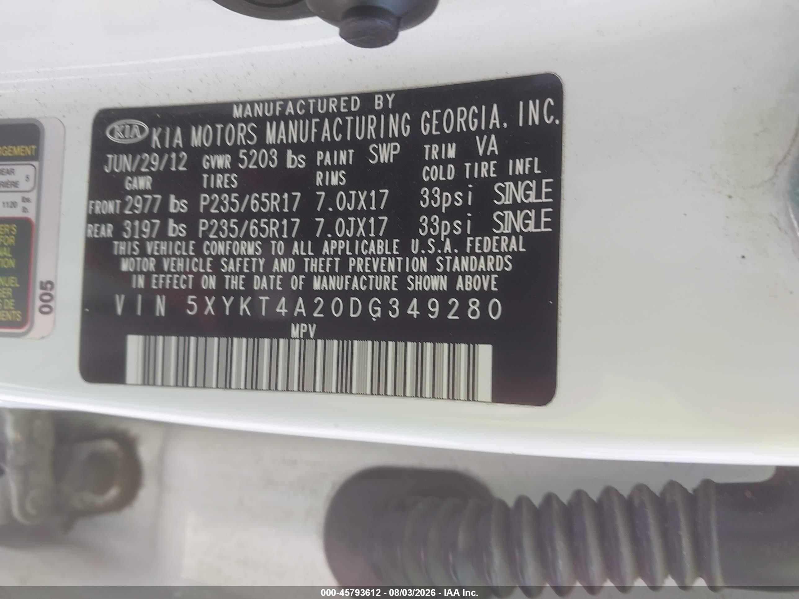 2013 Kia Sorento Lx V6 White vin: 5XYKT4A20DG349280