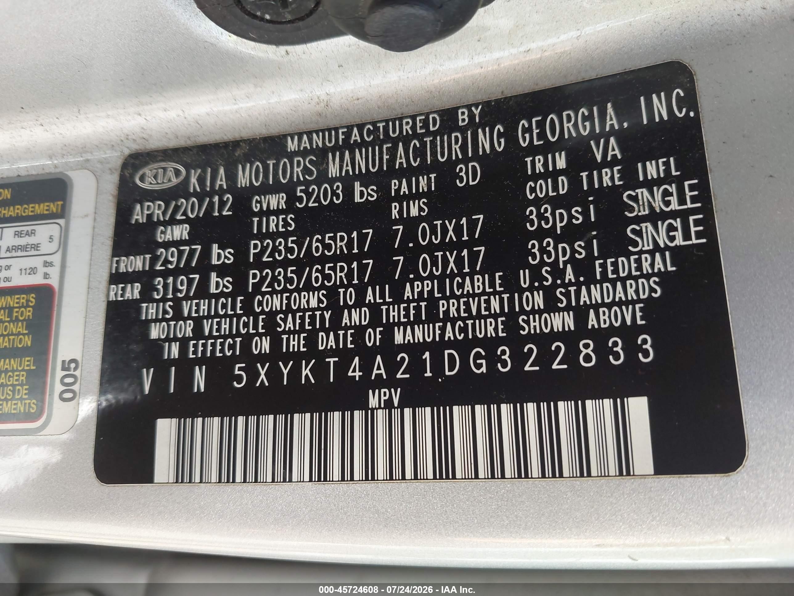 2013 Kia Sorento Lx V6 White vin: 5XYKT4A21DG322833