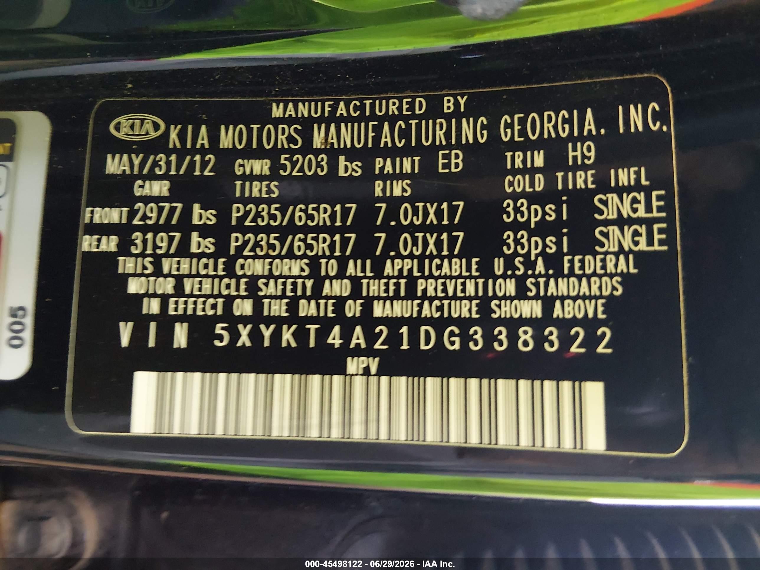 2013 Kia Sorento Lx V6 Черный vin: 5XYKT4A21DG338322