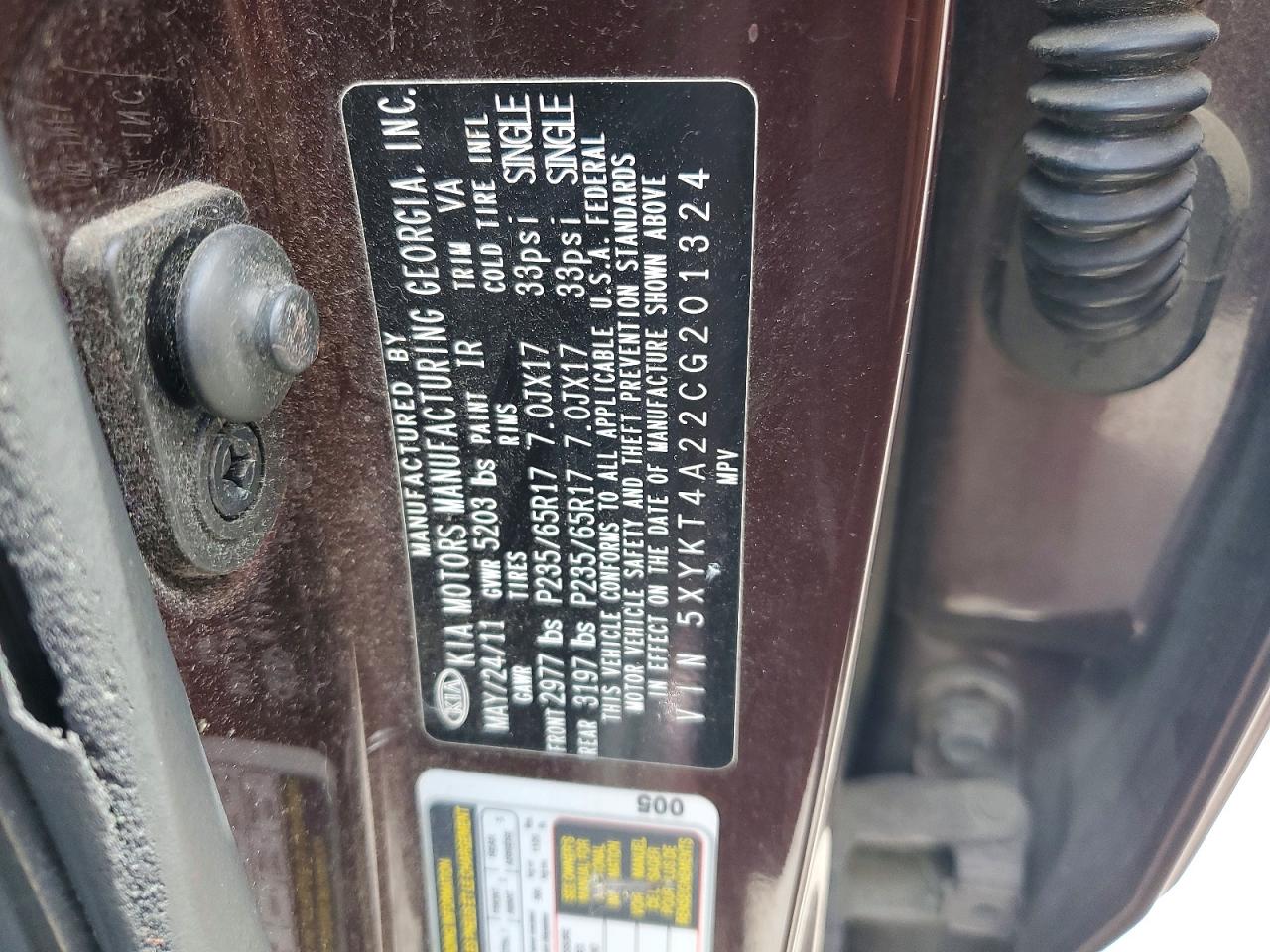 2012 Kia Sorento Lx Burgundy vin: 5XYKT4A22CG201324
