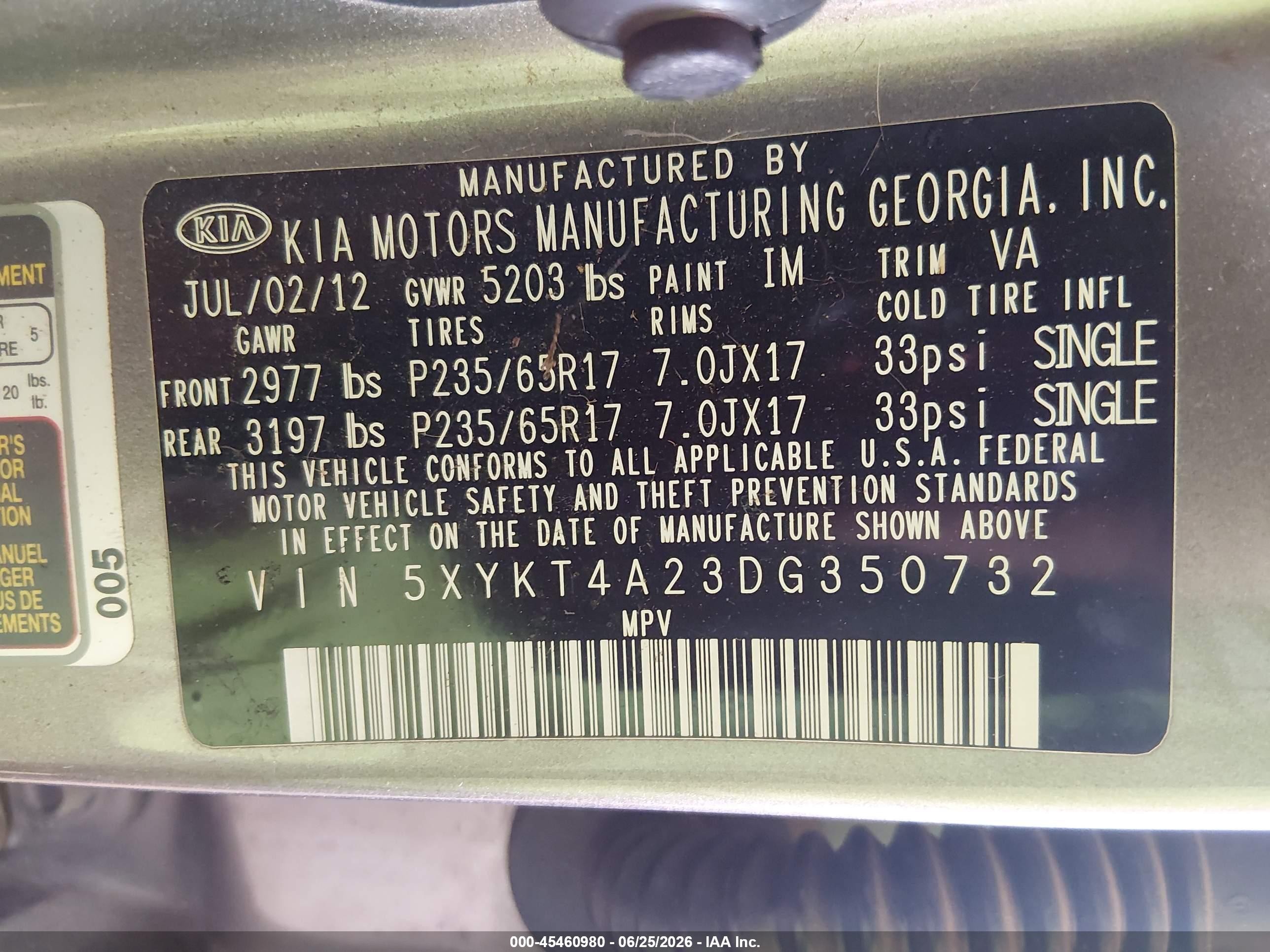 2013 Kia Sorento Lx V6 Gray vin: 5XYKT4A23DG350732