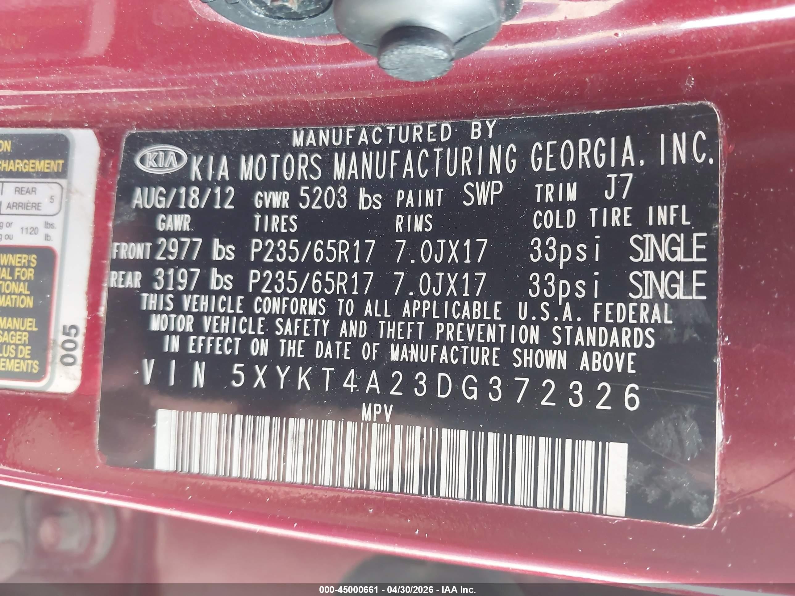 2013 Kia Sorento Lx V6 Red vin: 5XYKT4A23DG372326