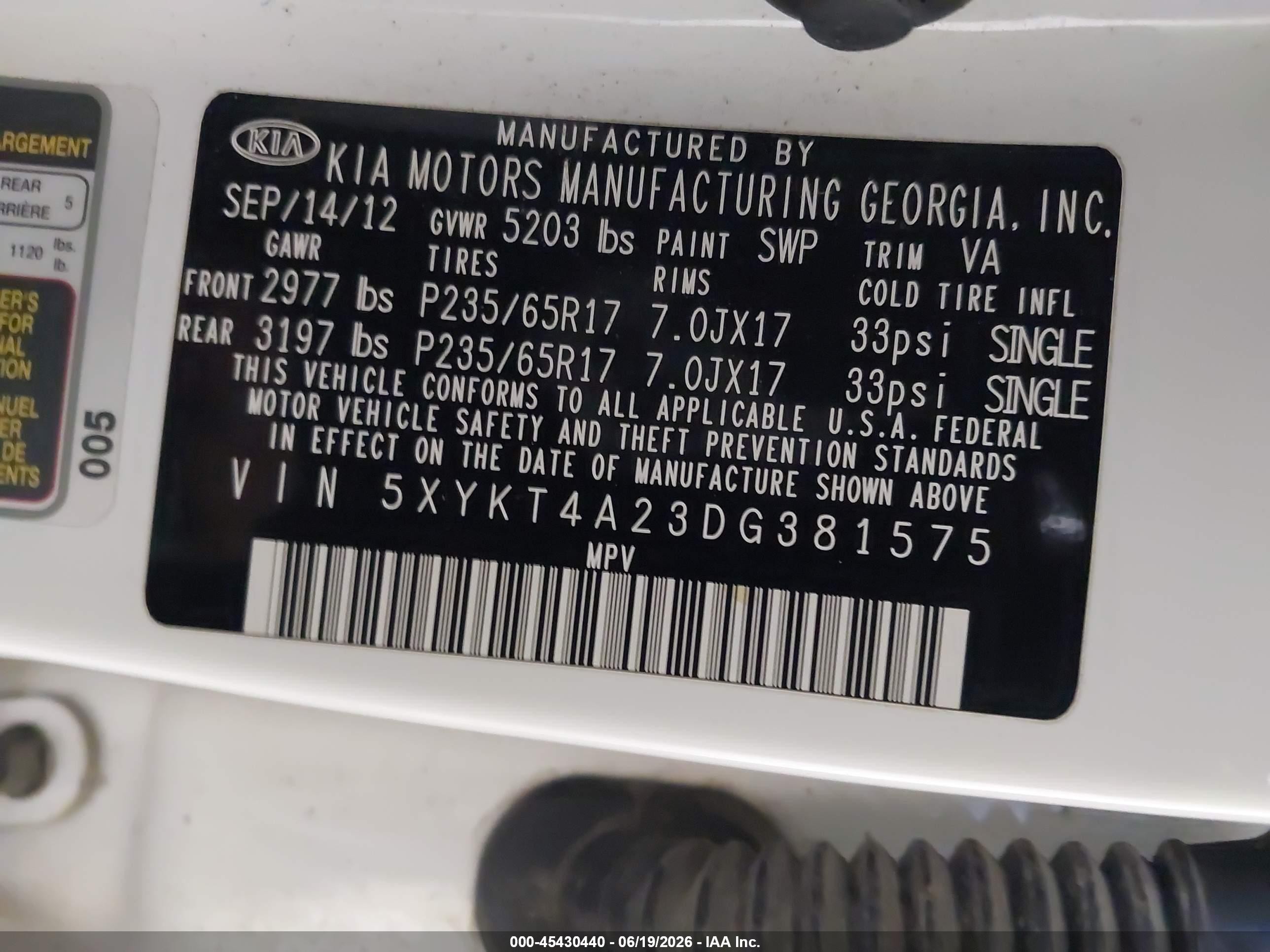 2013 Kia Sorento Lx V6 White vin: 5XYKT4A23DG381575