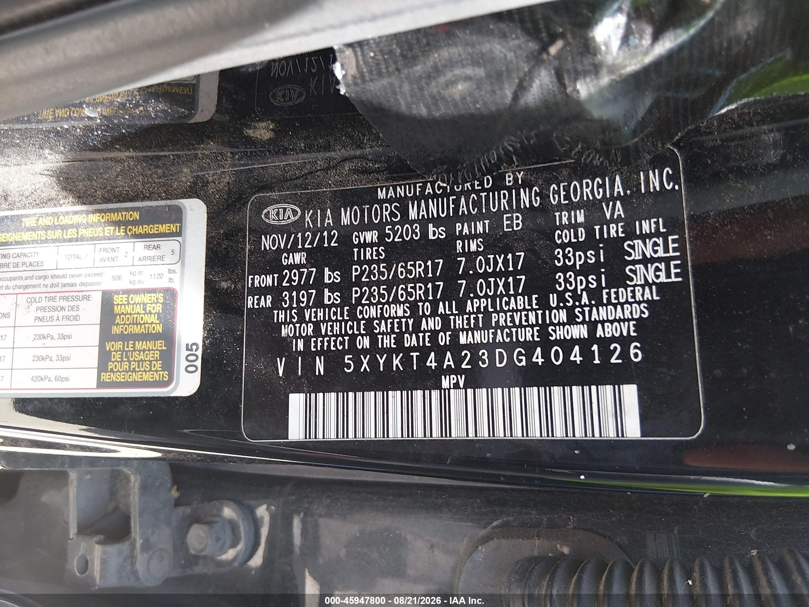 2013 Kia Sorento Lx V6 Black vin: 5XYKT4A23DG404126