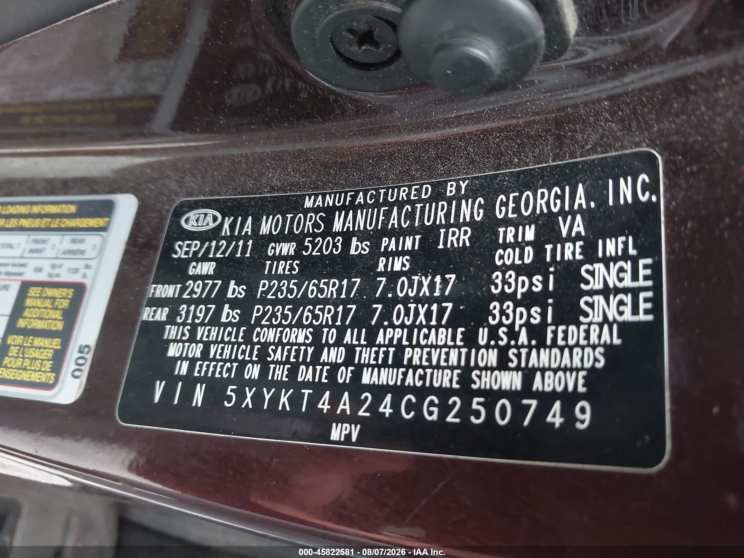 2012 Kia Sorento Lx V6 Purple vin: 5XYKT4A24CG250749