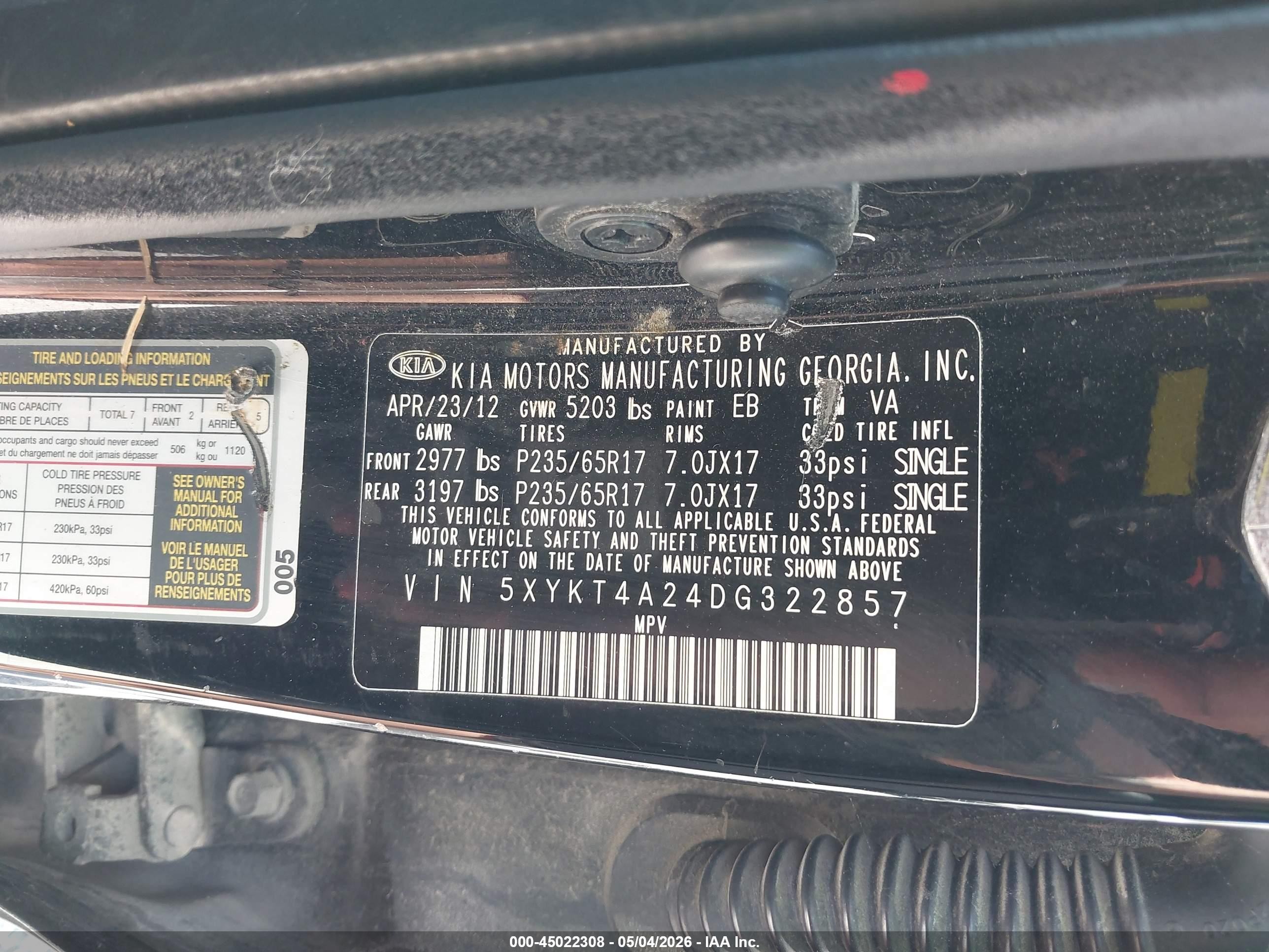 2013 Kia Sorento Lx V6 Черный vin: 5XYKT4A24DG322857