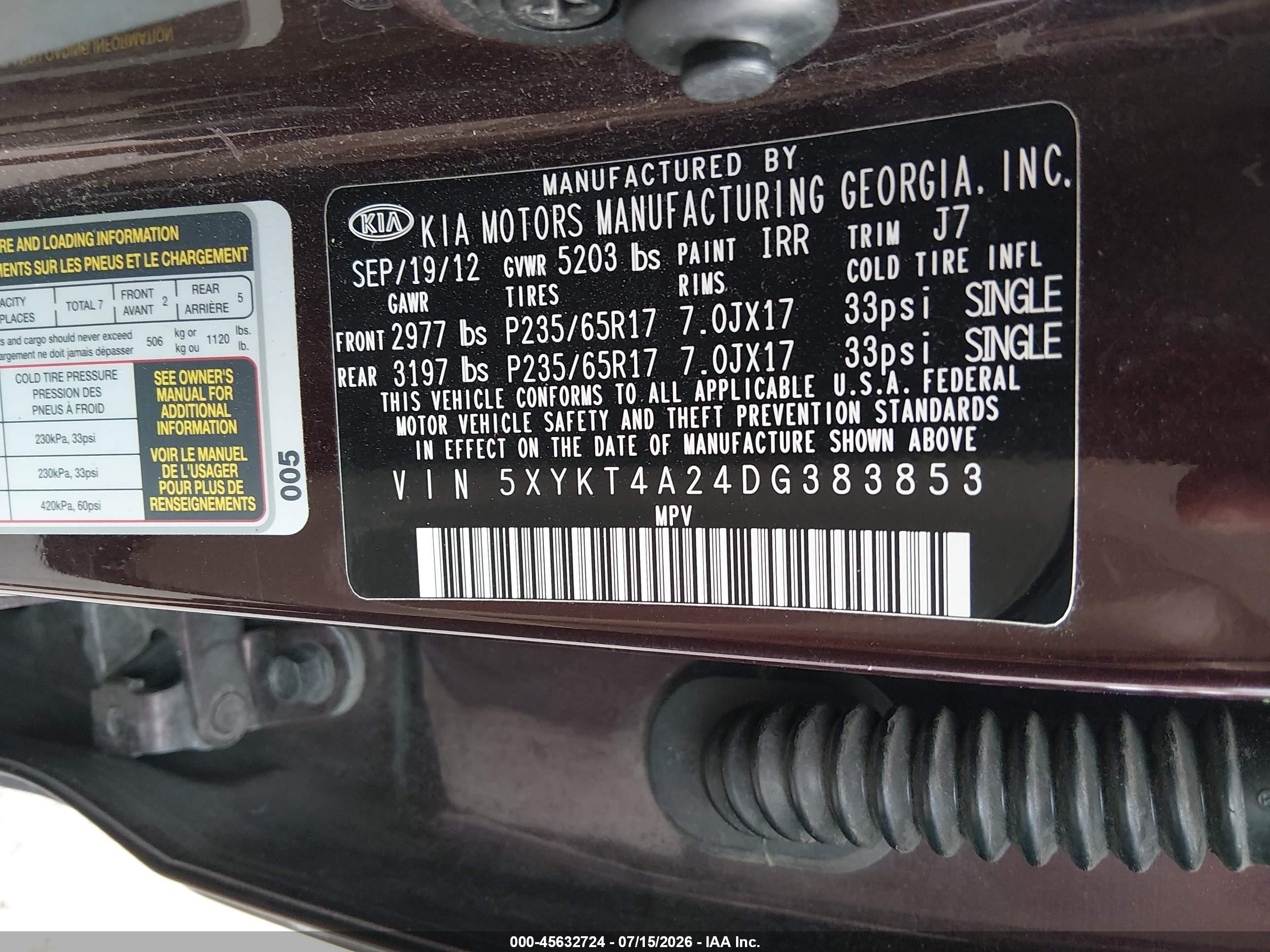 2013 Kia Sorento Lx V6 Burgundy vin: 5XYKT4A24DG383853