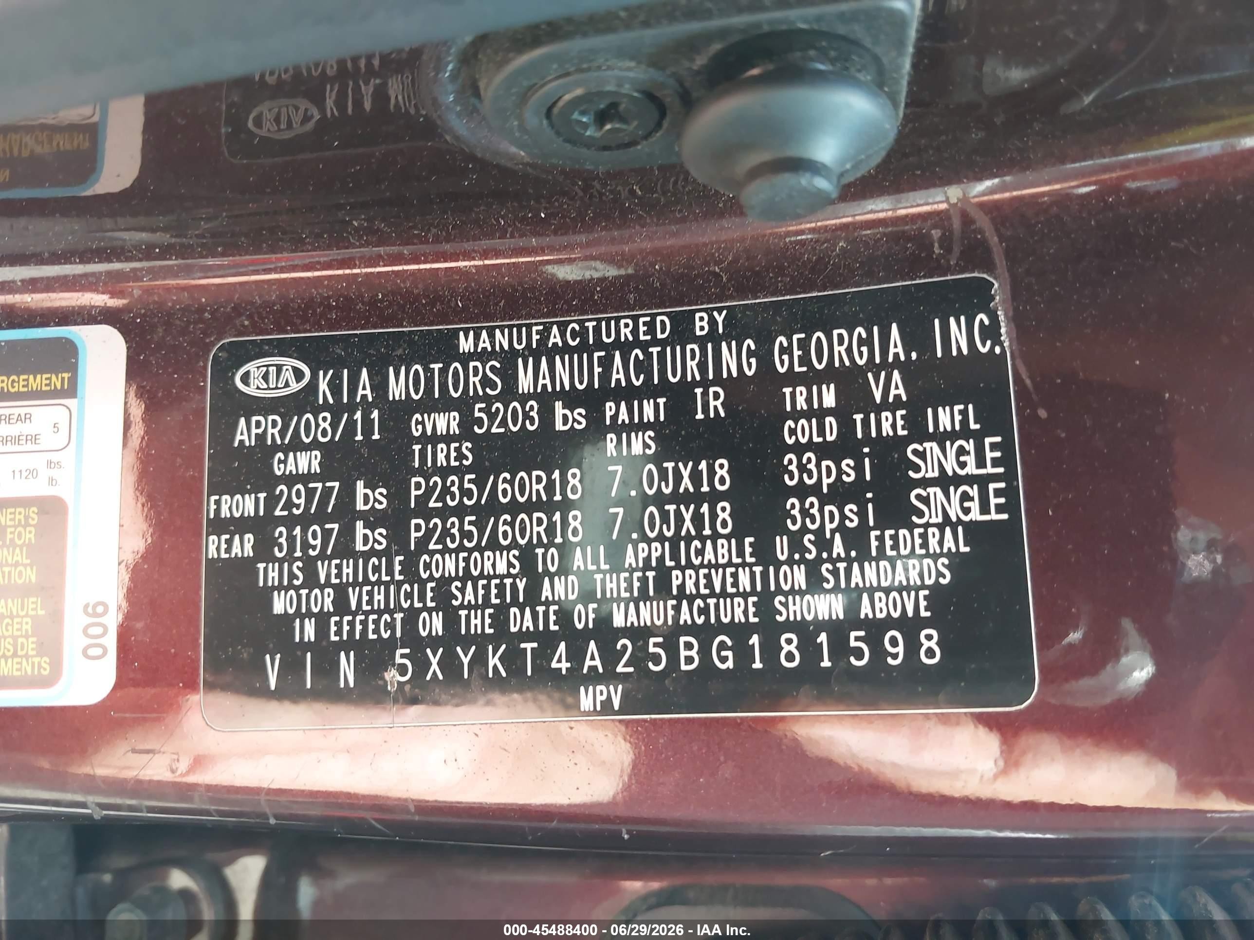 2011 Kia Sorento Lx V6 Maroon vin: 5XYKT4A25BG181598