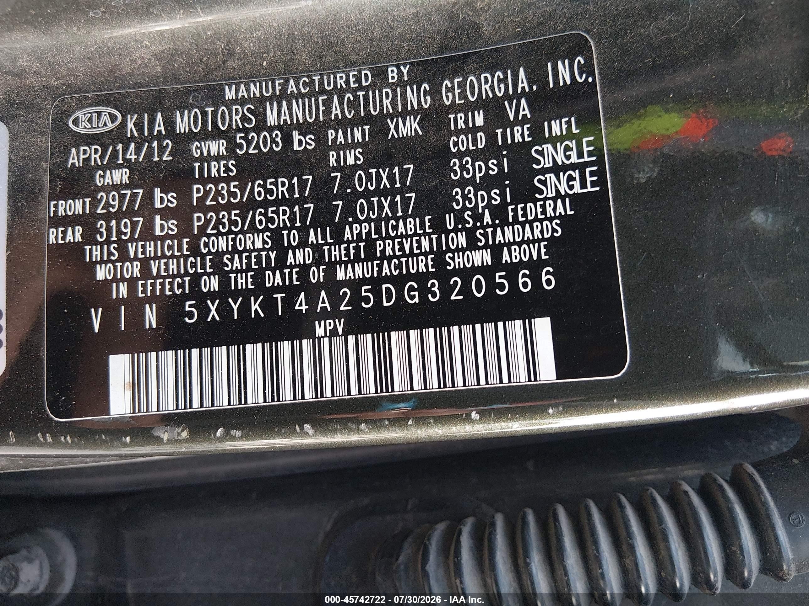 2013 Kia Sorento Lx V6 Green vin: 5XYKT4A25DG320566